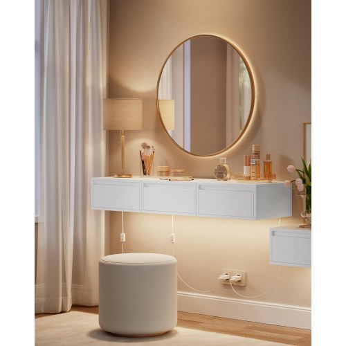 Væghængt sengebord sæt med 2 skuffer og lys i 3 farver - cloud white, 18 × 40 × 35 cm