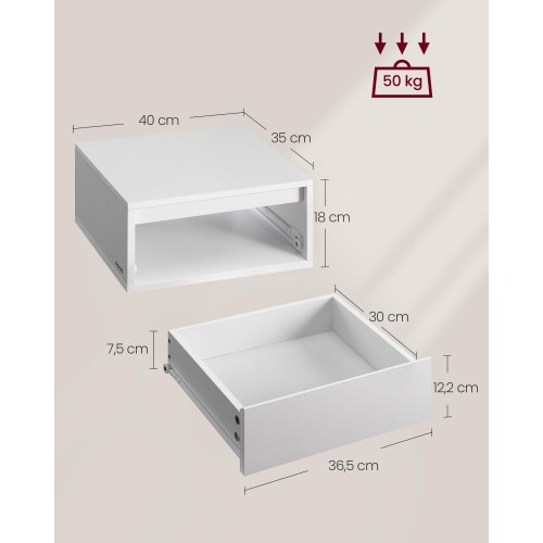Væghængt sengebord sæt med 2 skuffer og lys i 3 farver - cloud white, 18 × 40 × 35 cm
