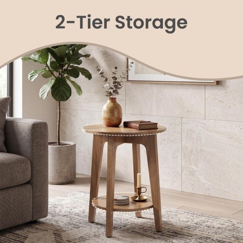 Rundt sidebord med hylde i honningbrun 40 cm