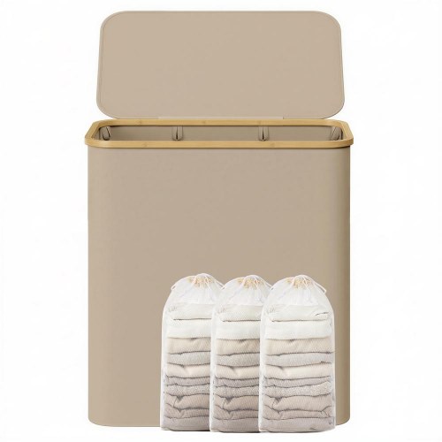 Vasketøjskurv med låg og 3 rum 150 l - camel brown