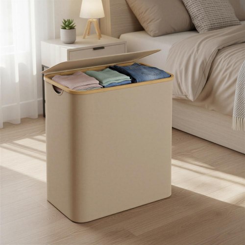 Vasketøjskurv med låg og 3 rum 150 l - camel brown