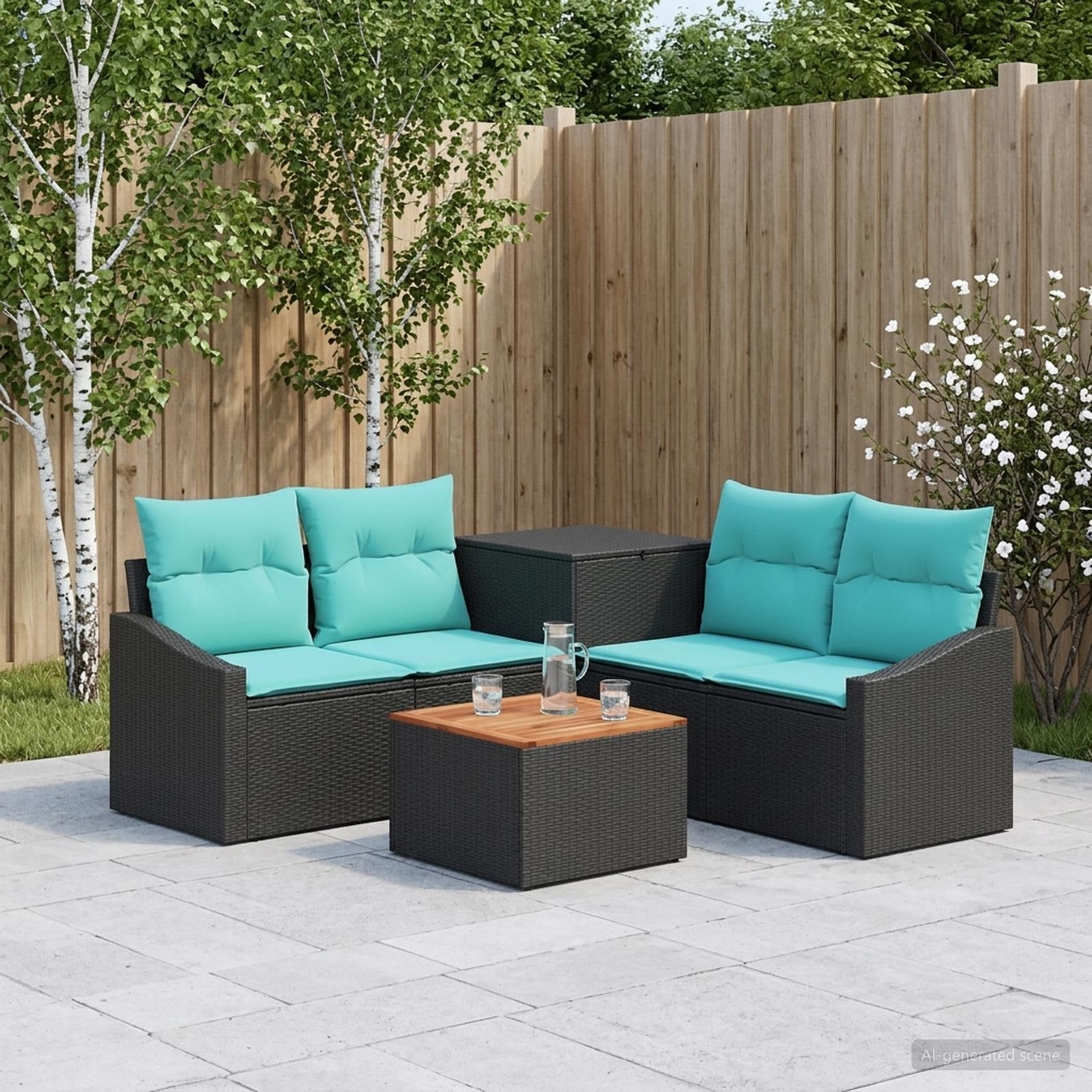 Sofa sæt 6 stk. til have og terrasse i sort og blå poly rattan og stål