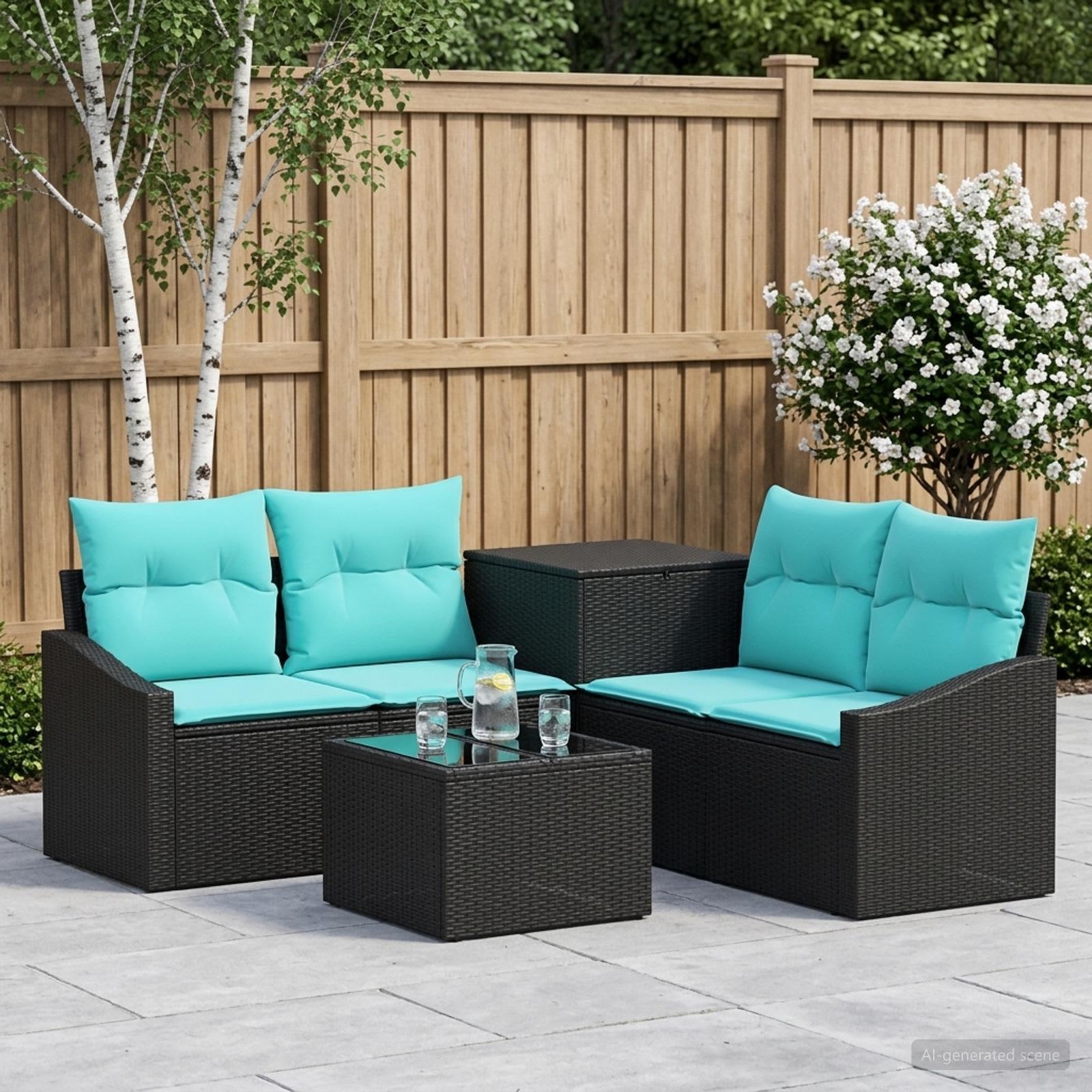 vidaXL Sofa Sæt 6 stk. Sort og Blå Poly Rattan og Stål