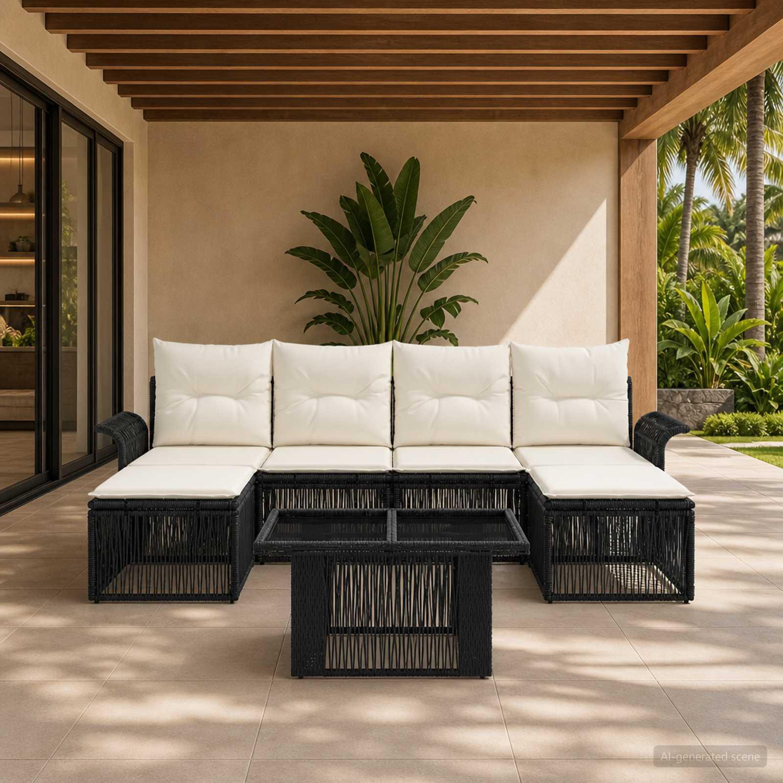 vidaXL Havesofa Sæt 7 stk. Sort og Cremehvid polyrattan