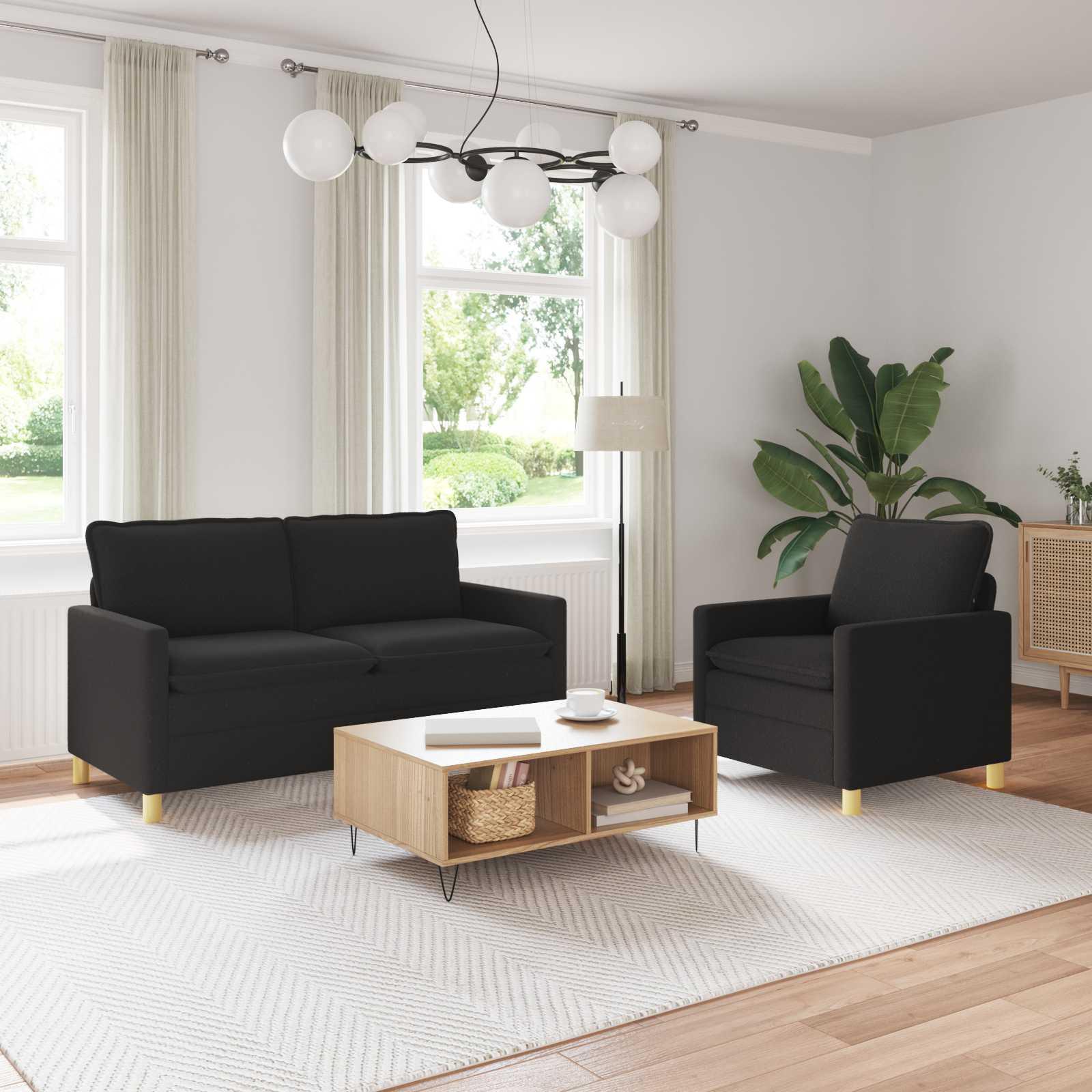 Sofa sæt 2 stk. sort stof med 2-personers sofa og lænestol