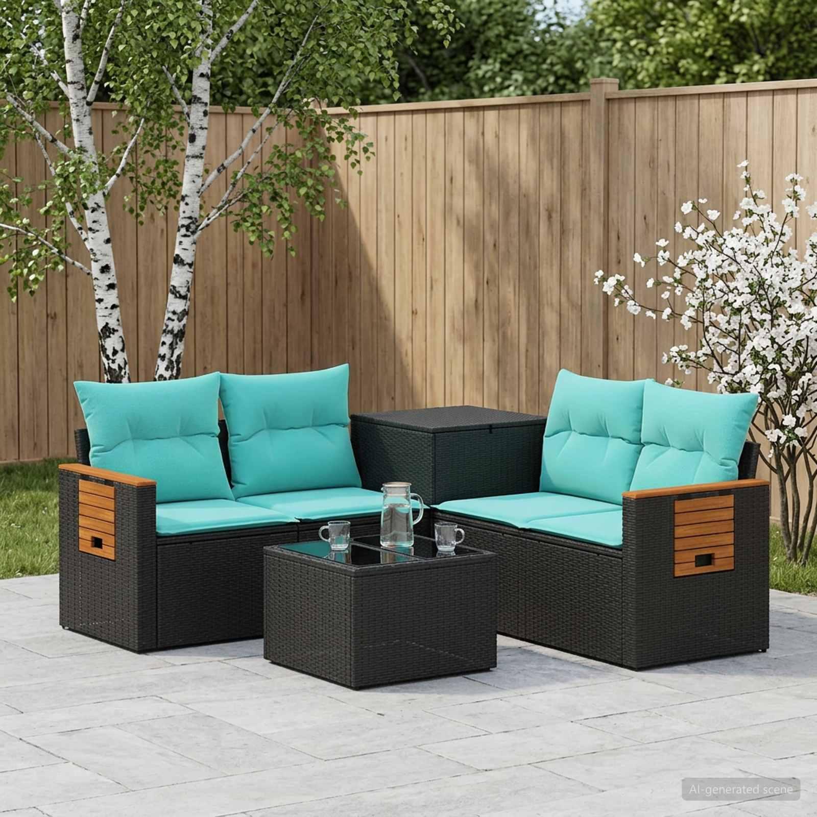 Sofa sæt 6 stk. i sort og blå poly rattan og stål til have og terrasse