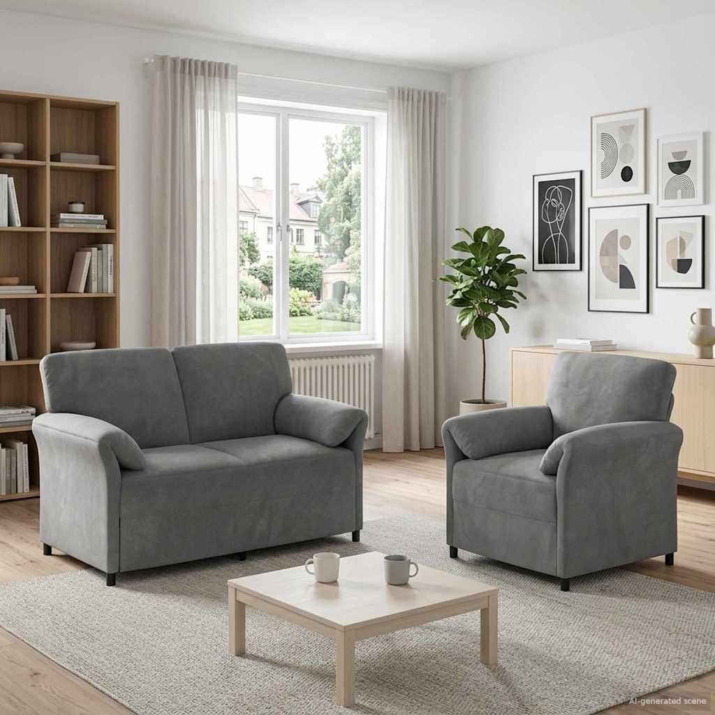 Sofasæt 2 stk. i mørkegrå fløjl - 2-personers sofa og lænestol