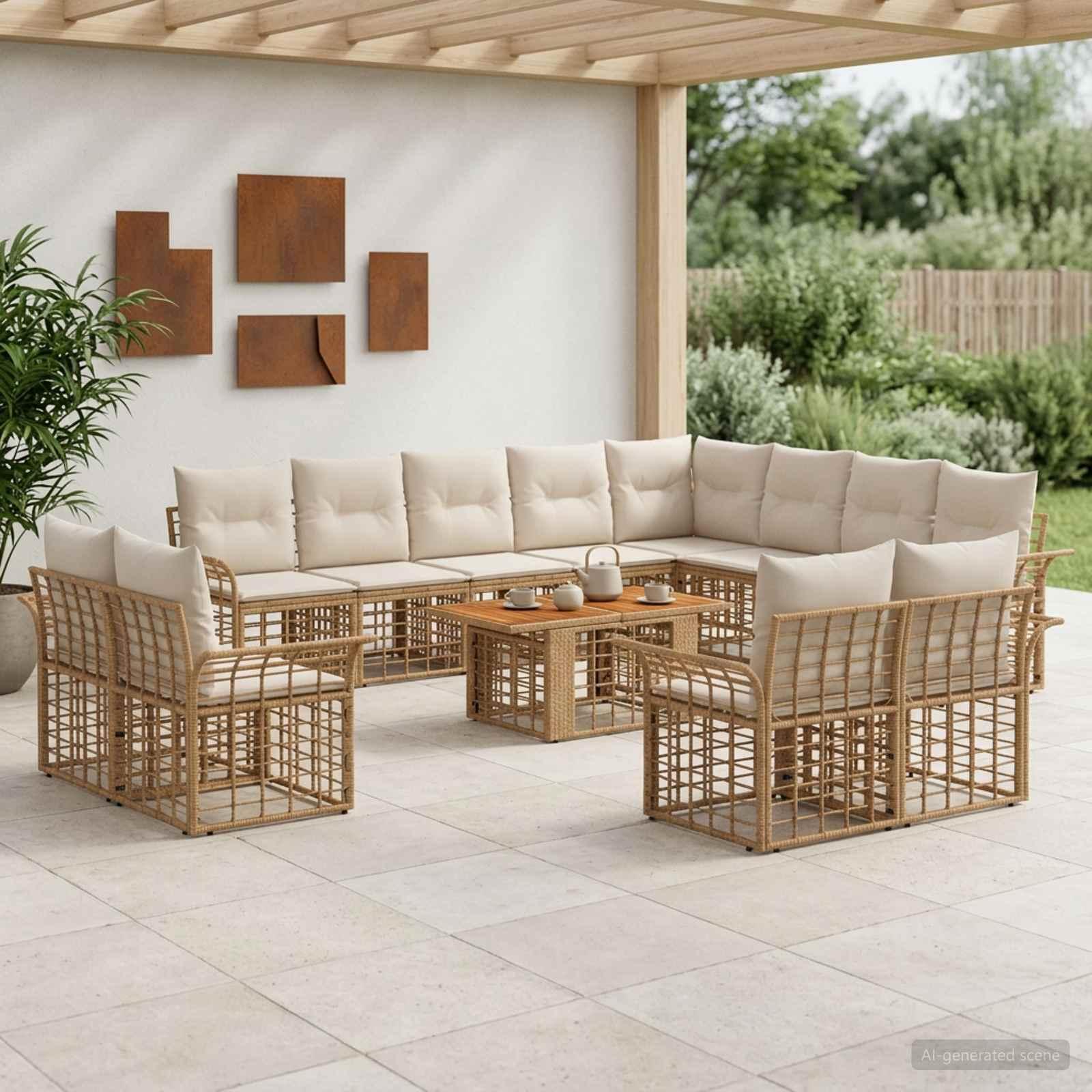 Havesofa sæt 13 stk. i polyrattan med akacietræ - naturlig og cremehvid