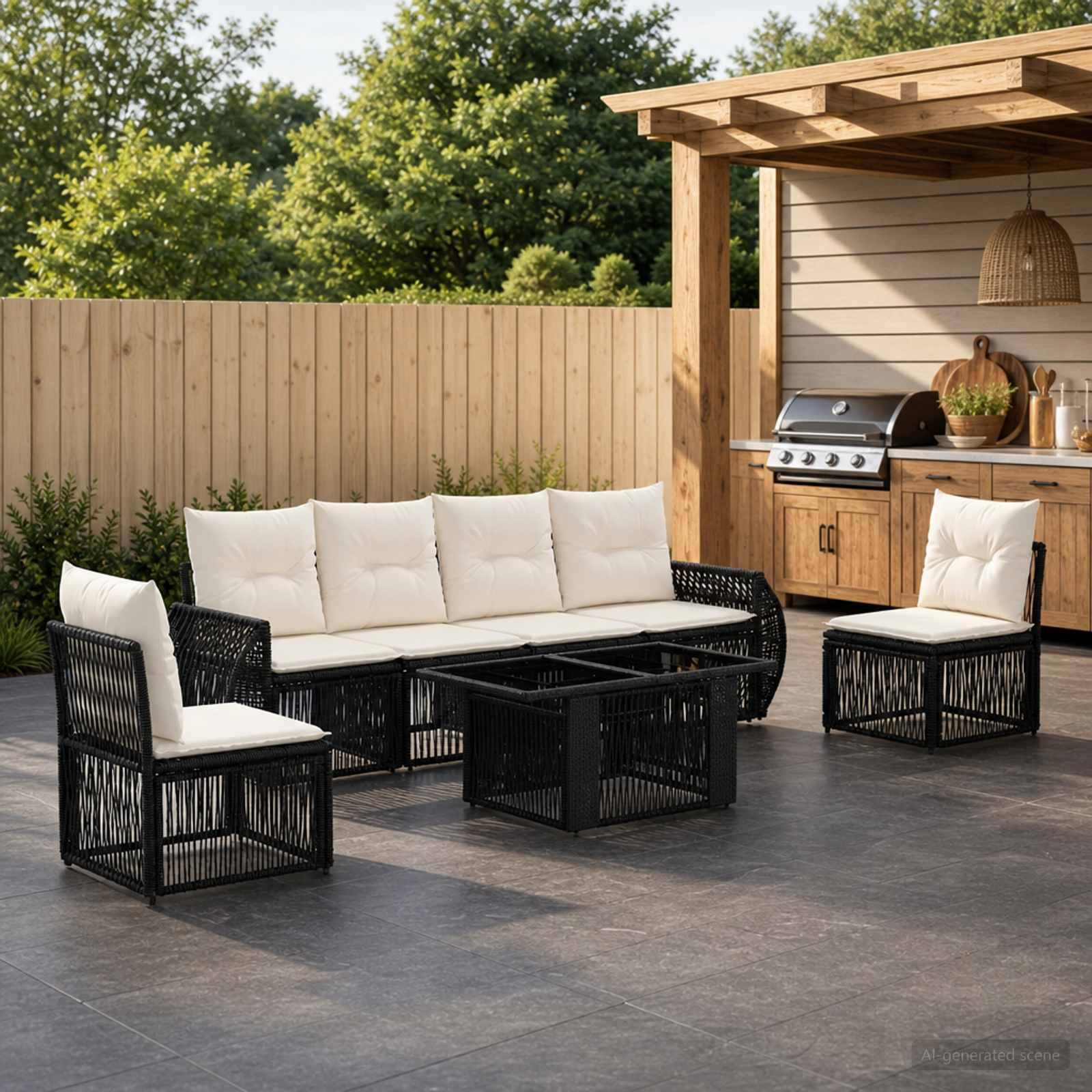 vidaXL Havesofa Sæt 7 stk. Sort og Cremehvid polyrattan