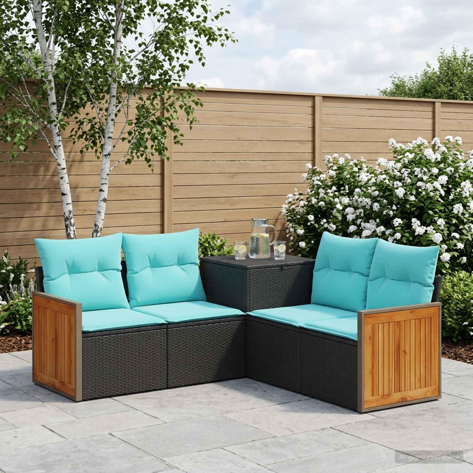 Sofa sæt 5 stk. til have og terrasse i sort og blå poly rattan og stål