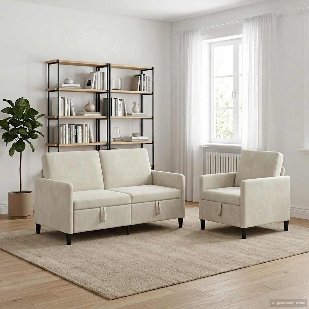 Sofasæt med opbevaring 2 stk. cremefarvet polyester