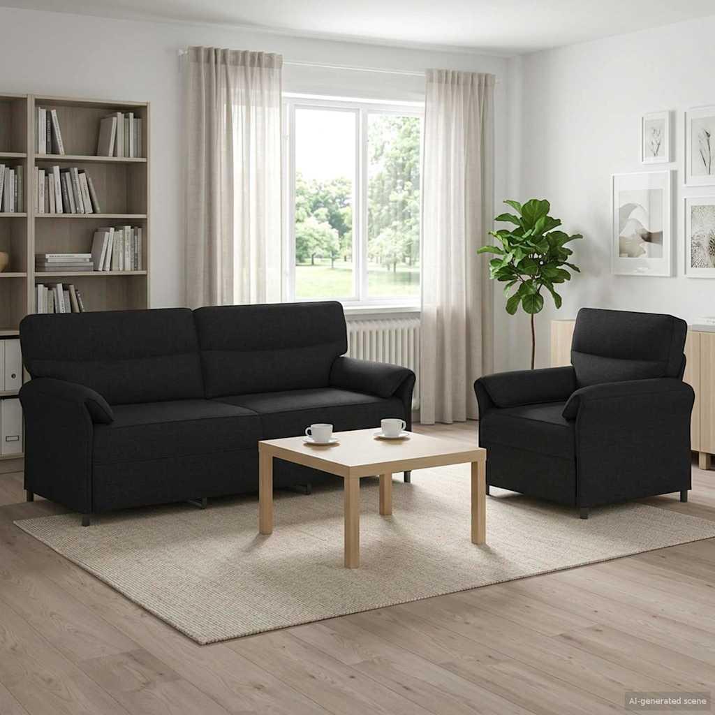 Sofasæt 2 dele i sort stof med 2-personers sofa og lænestol