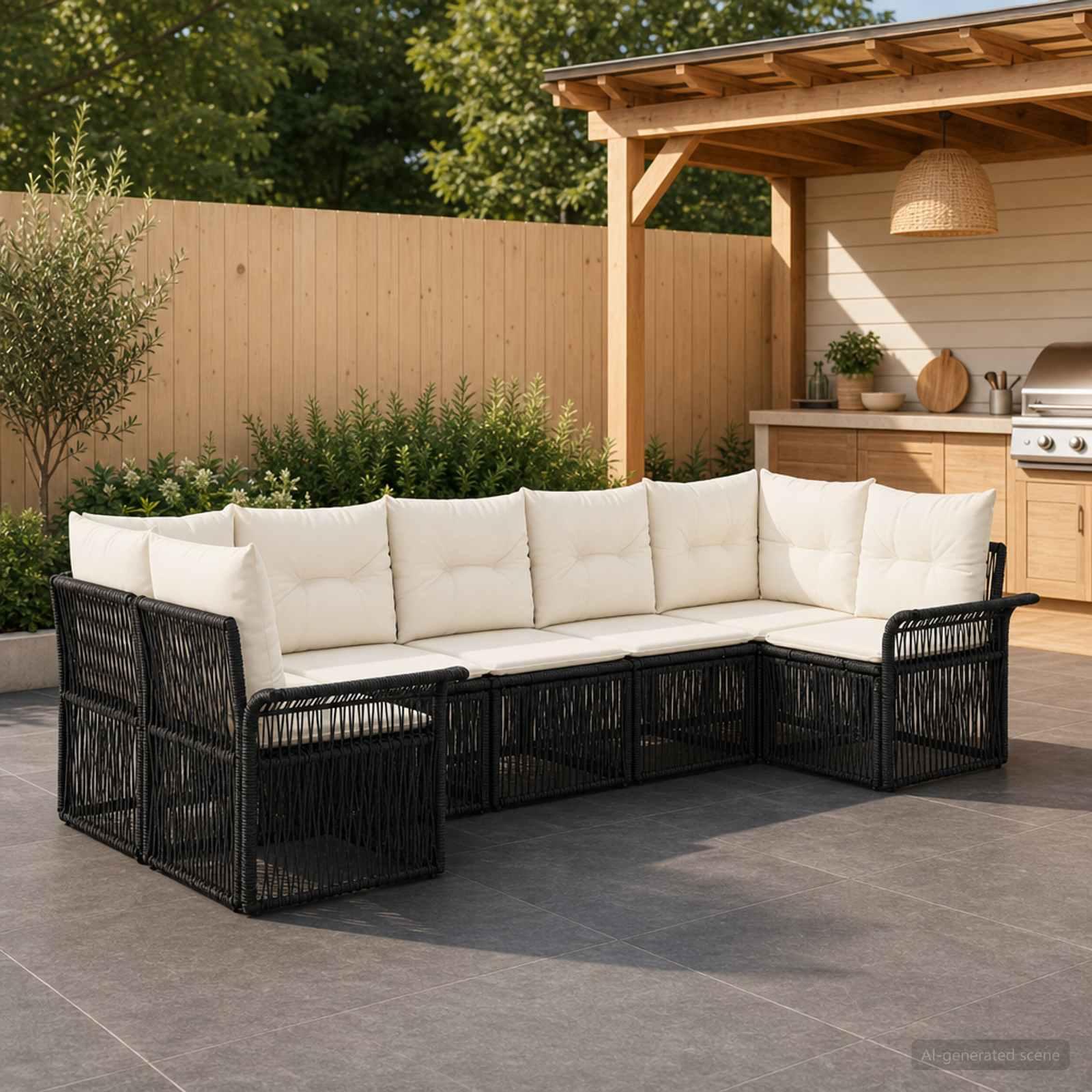 Havesofa sæt 7 stk. med 7 siddepladser i sort polyrattan