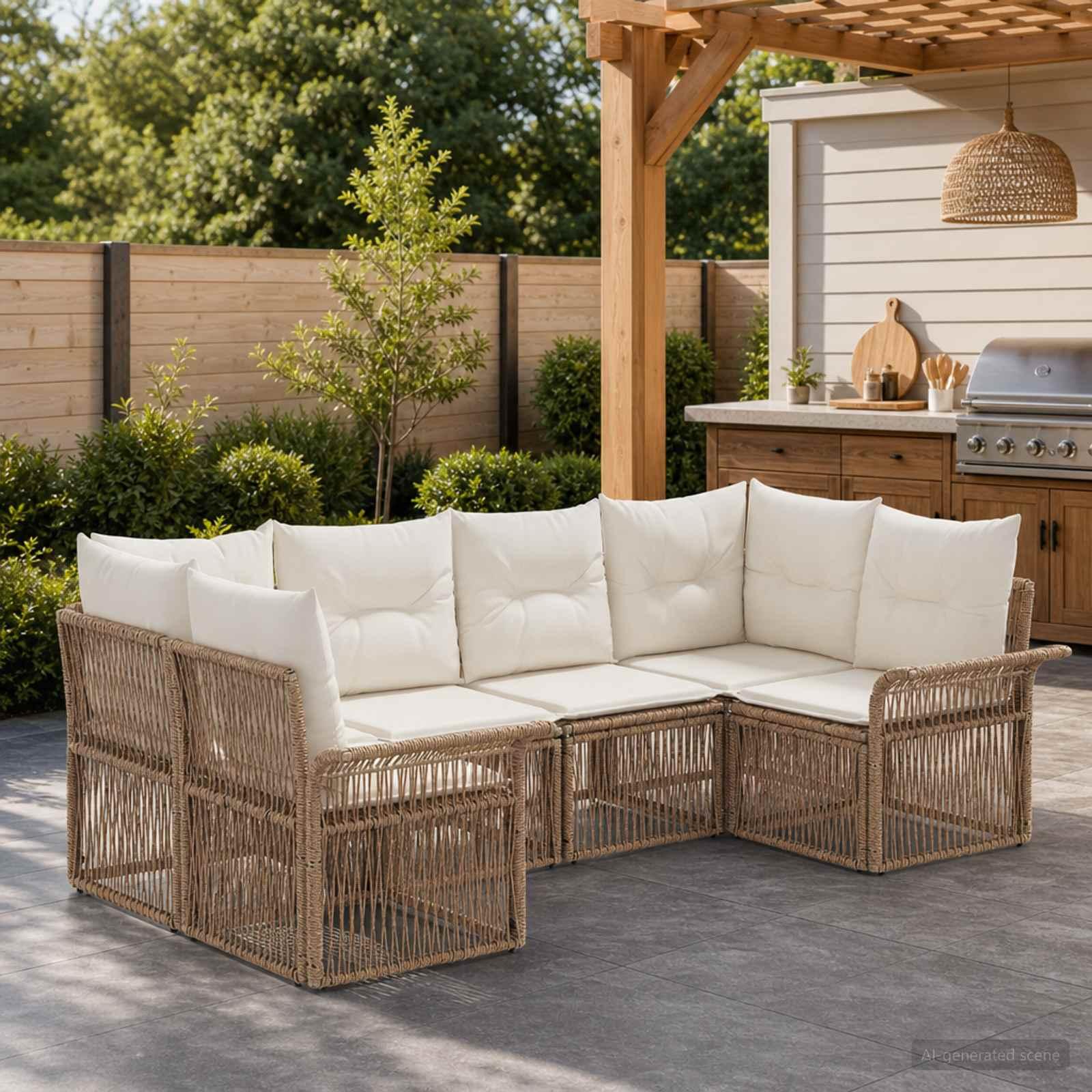 Havesofa sæt 6 pers. modulsofa i beige polyrattan