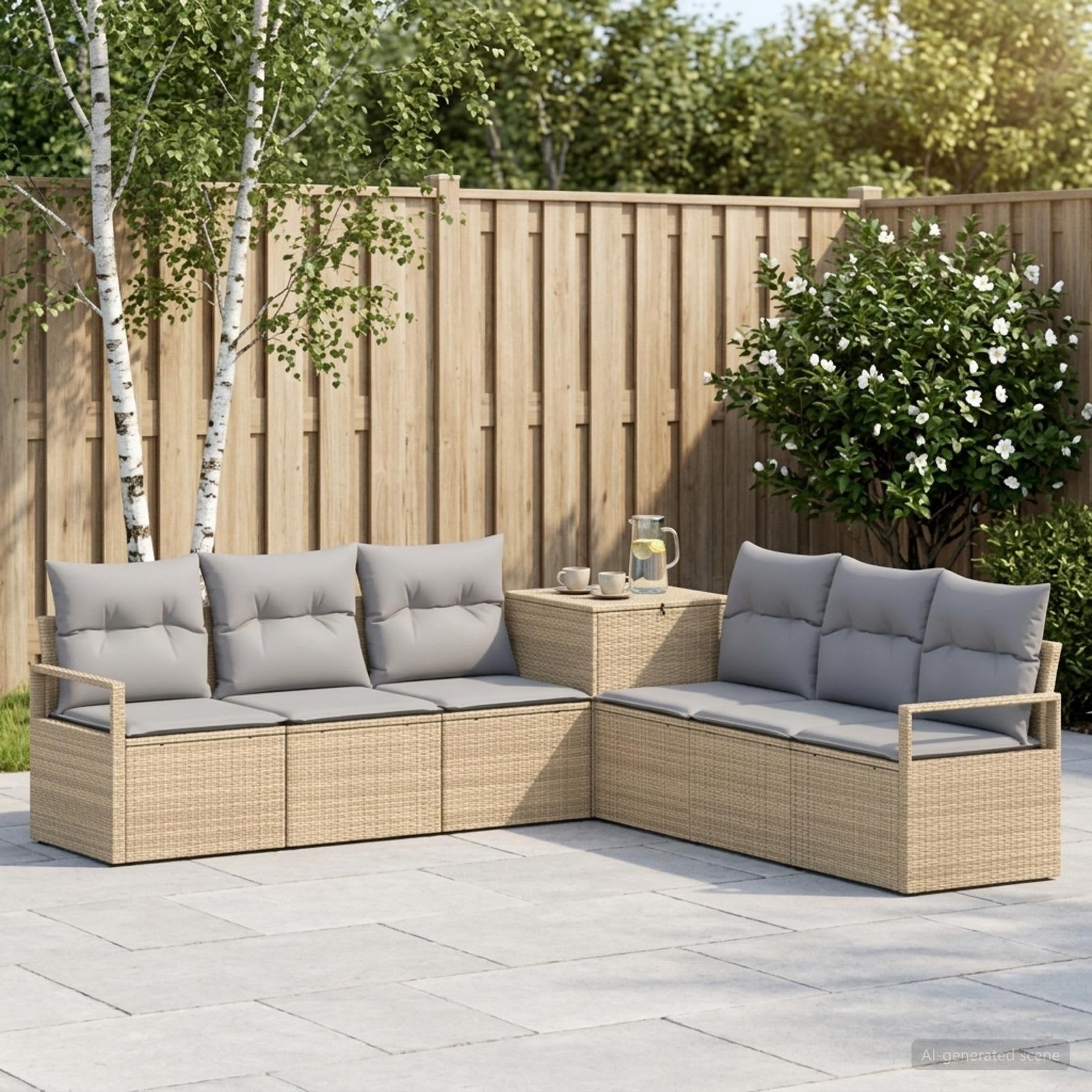 Sofa sæt 7 stk. til have og terrasse i beige og lys grå poly rattan og stål