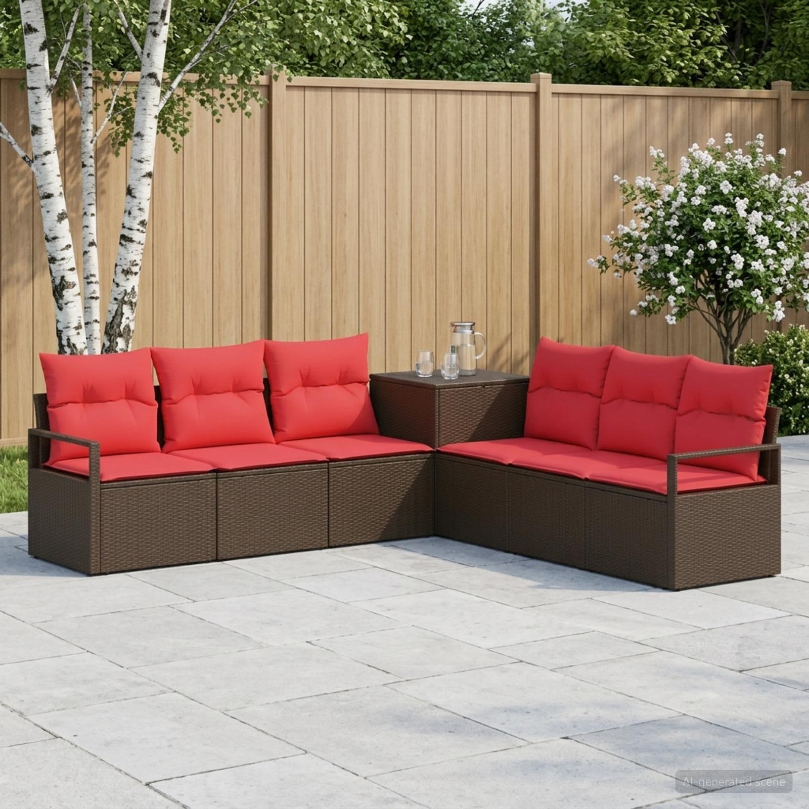 Sofa sæt 7 stk. til have og terrasse i brun og rød poly rattan og stål