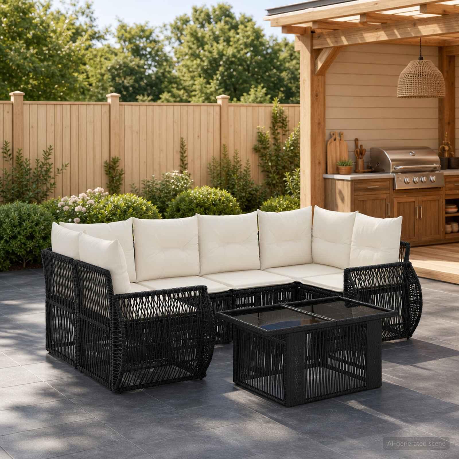 vidaXL Havesofa Sæt 7 stk. Sort og Cremehvid polyrattan