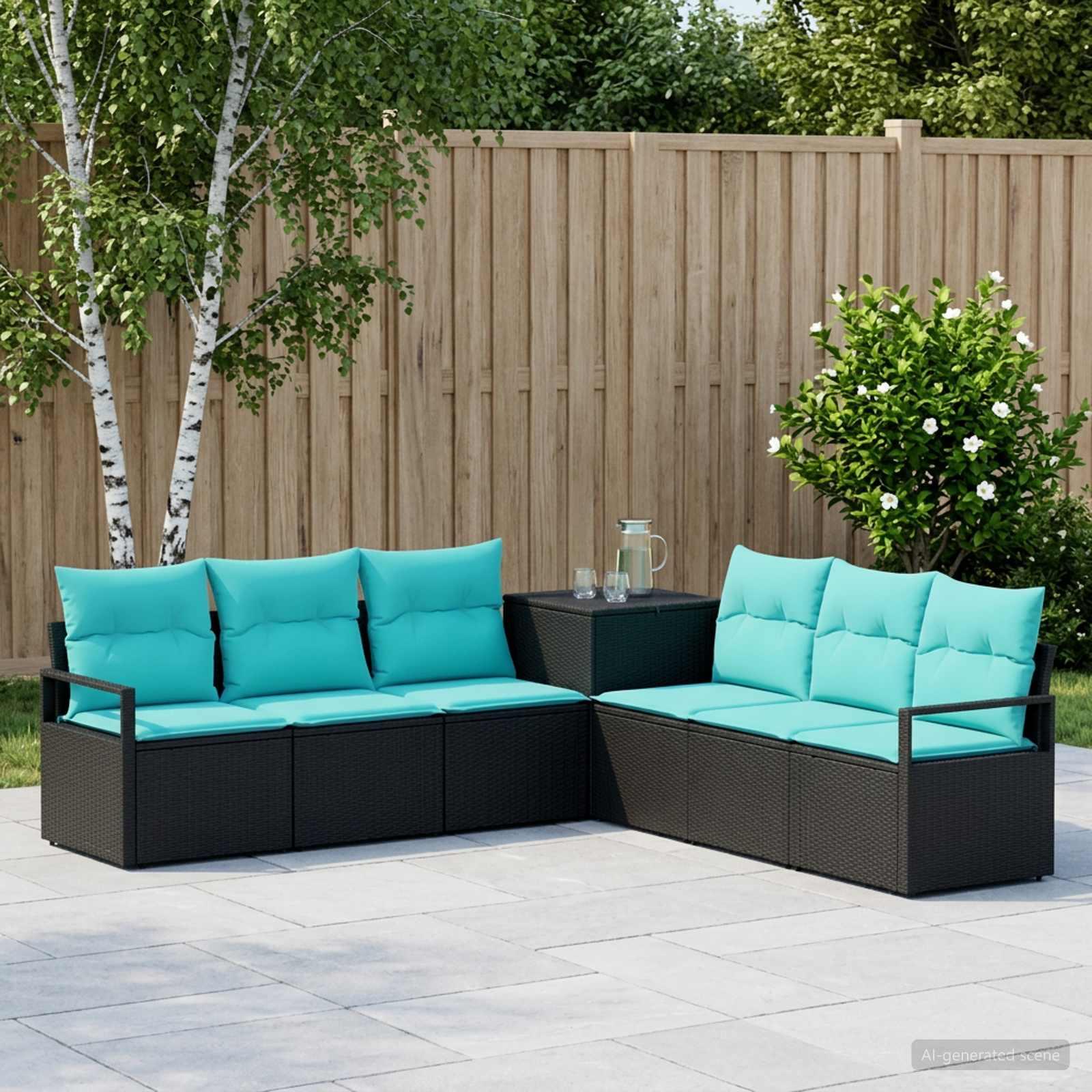 Sofa sæt 7 stk. i sort og blå poly rattan og stål til have og terrasse