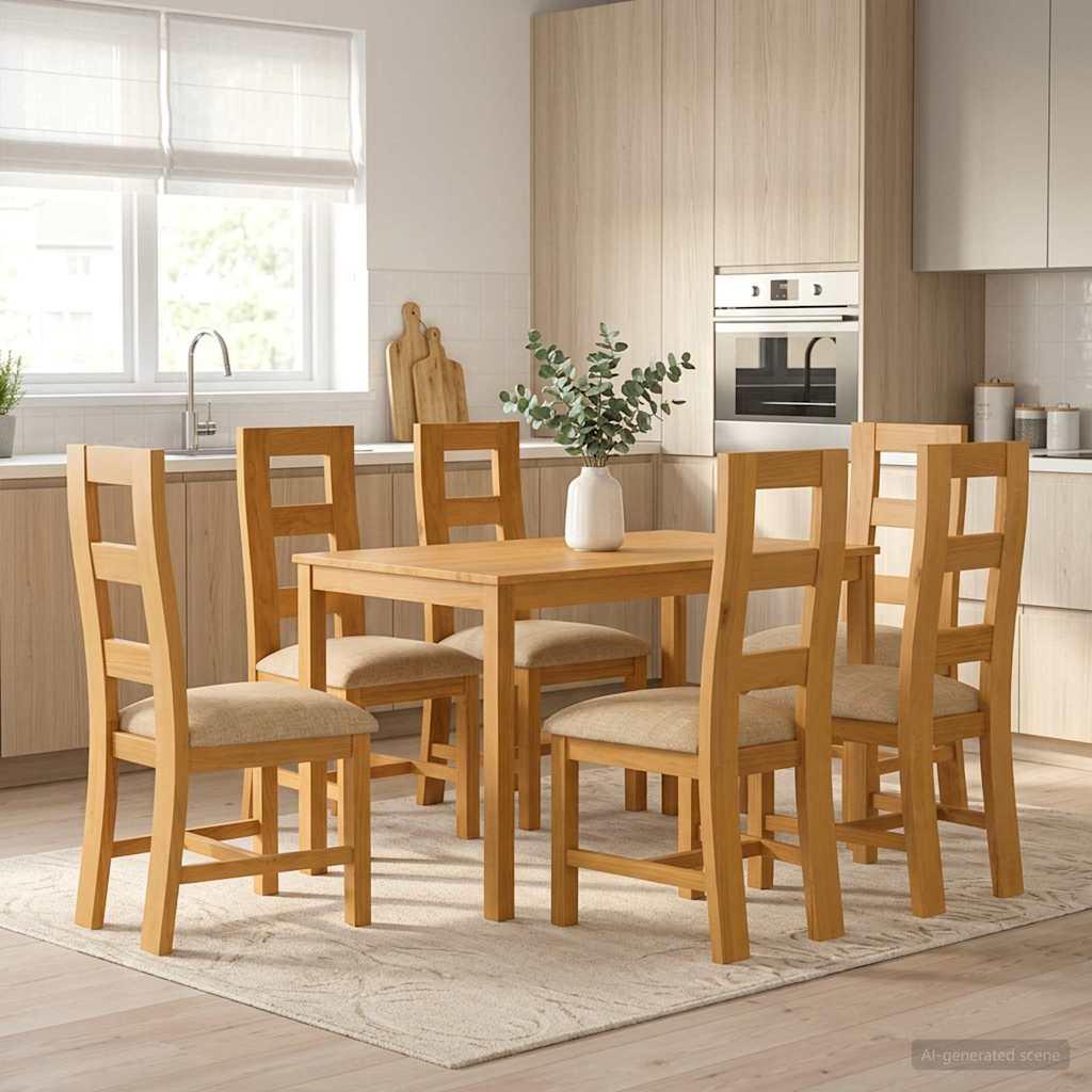 Spisestuesæt 7 stk. i massivt egetræ med 6 beige stole