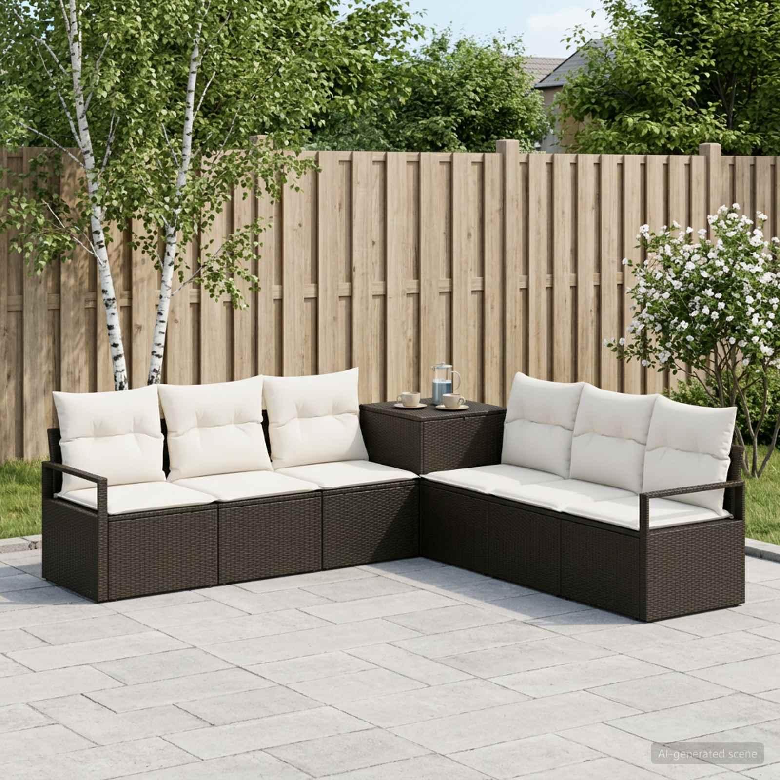 Sofa sæt 7 stk. til have og terrasse i sort og cremehvid poly rattan og stål