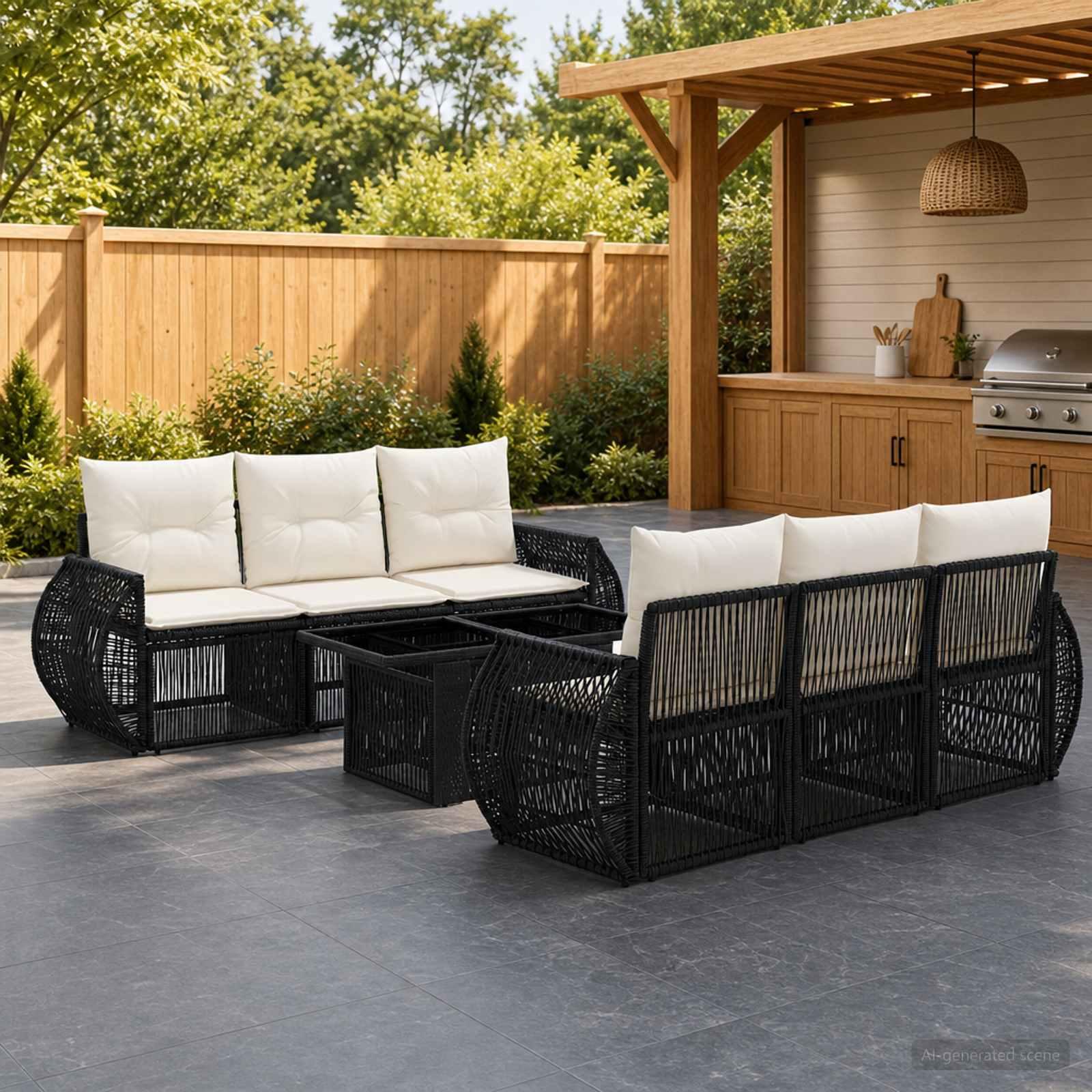 vidaXL Havesofa Sæt 7 stk. Sort og Cremehvid polyrattan