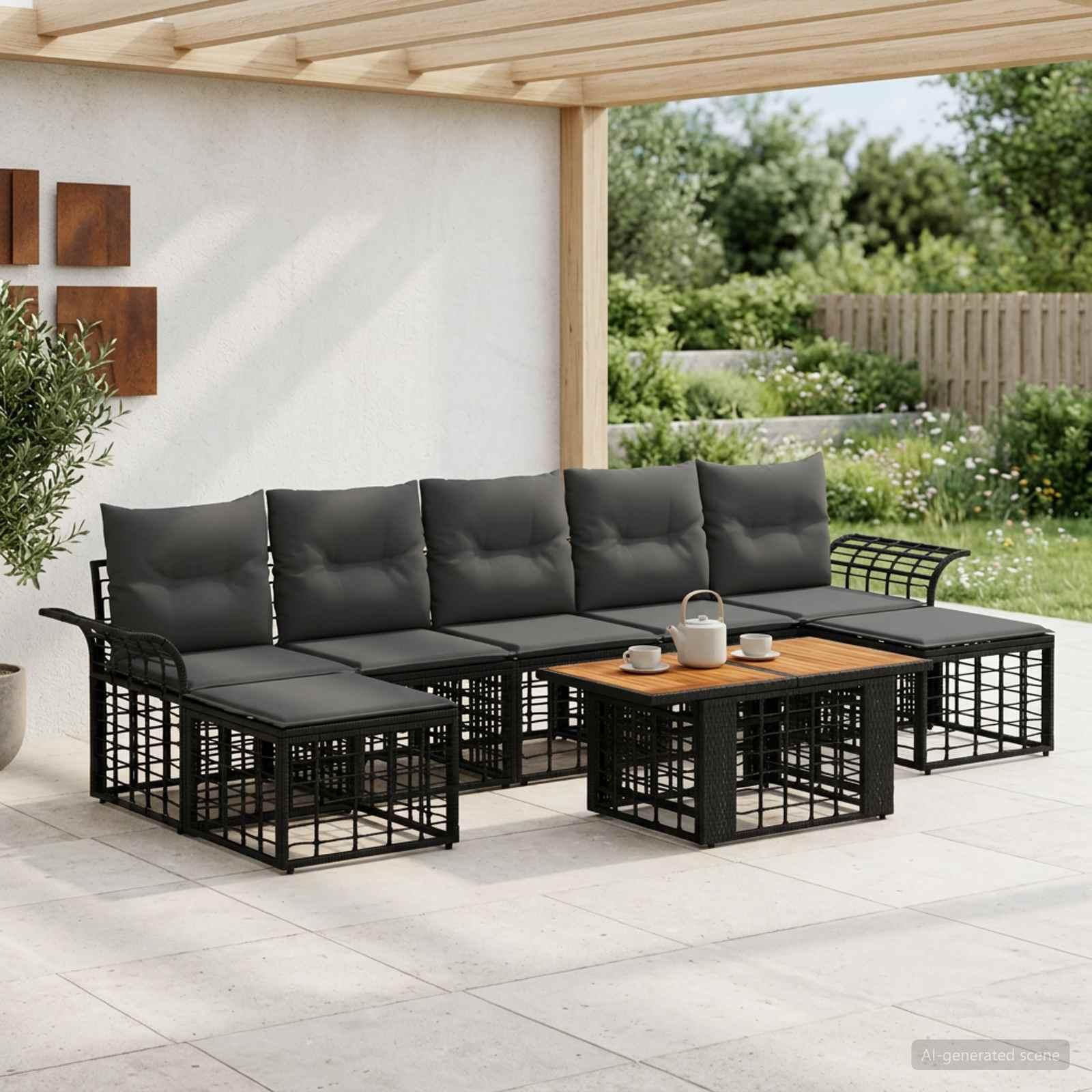 Havesofa sæt 8 stk. i polyrattan - sort og mørkegrå