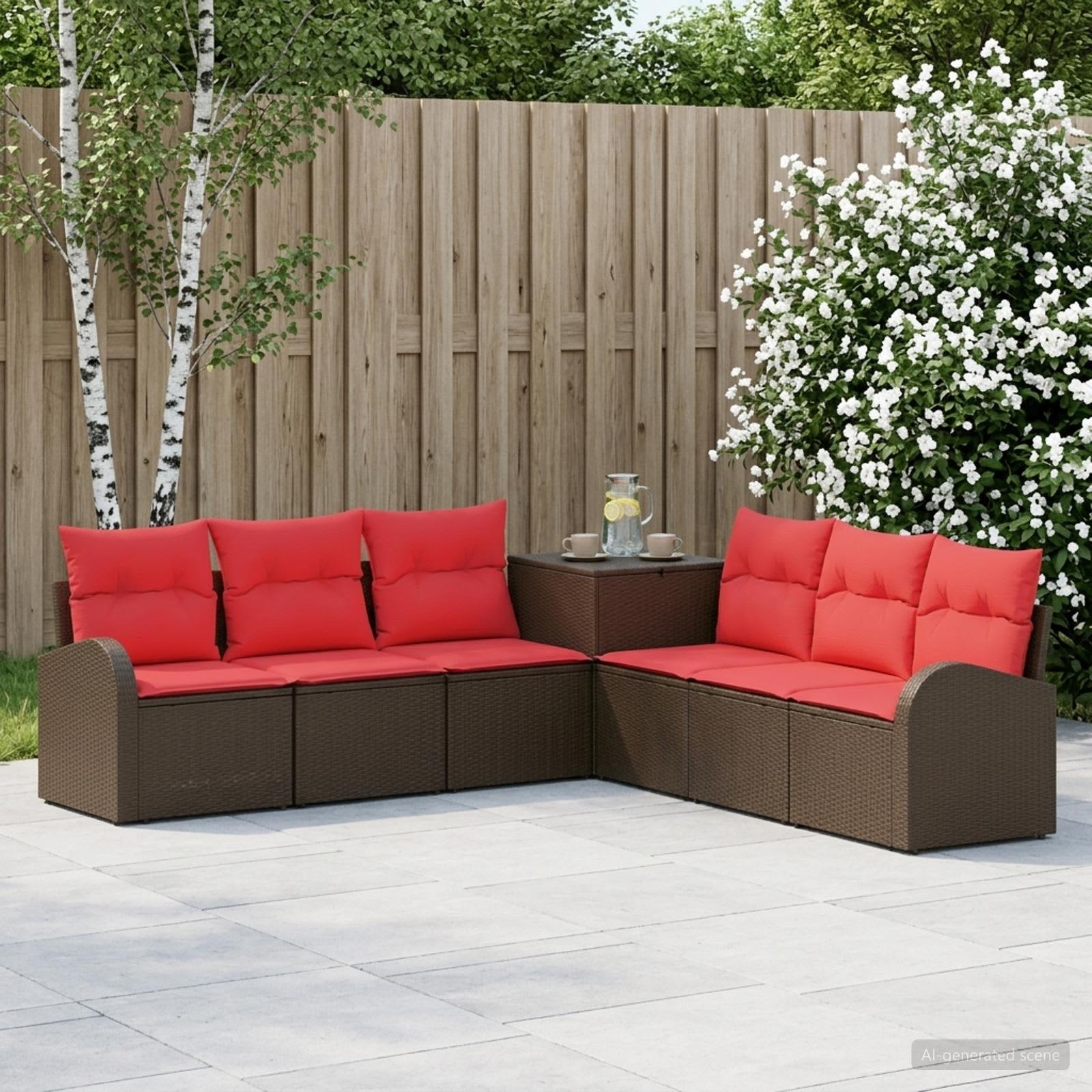 vidaXL Sofa Sæt 7 stk. Brun og Rød Poly Rattan og Stål