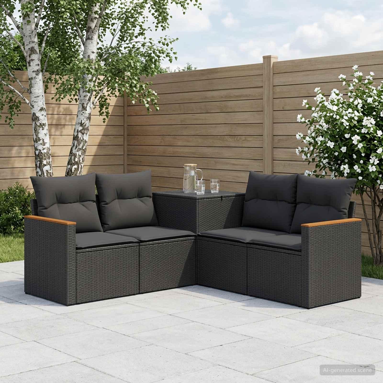Sofa sæt 5 stk. sort poly rattan og stål til have og terrasse