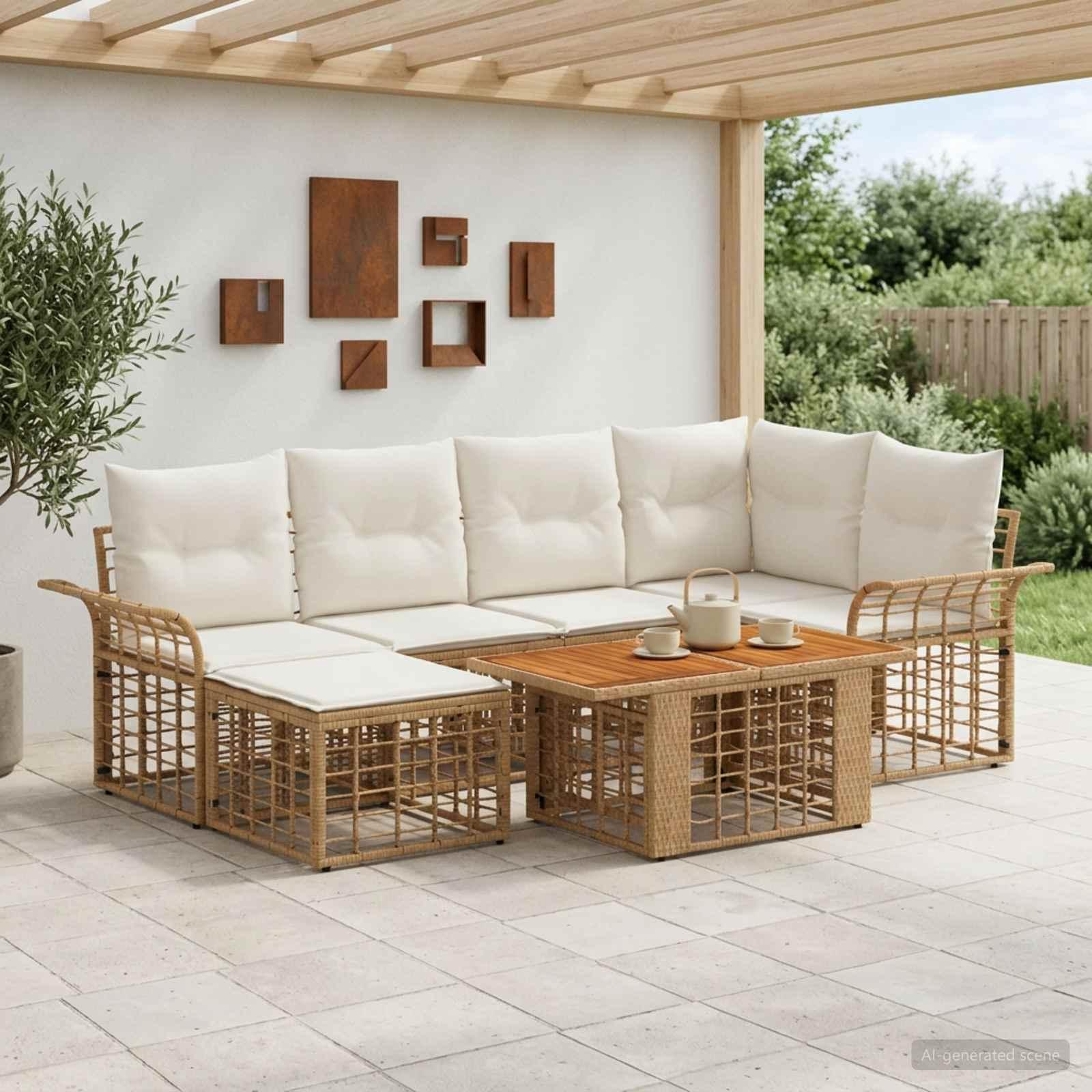 Havesofa sæt 7 stk. i polyrattan med bord - naturlig og cremehvid