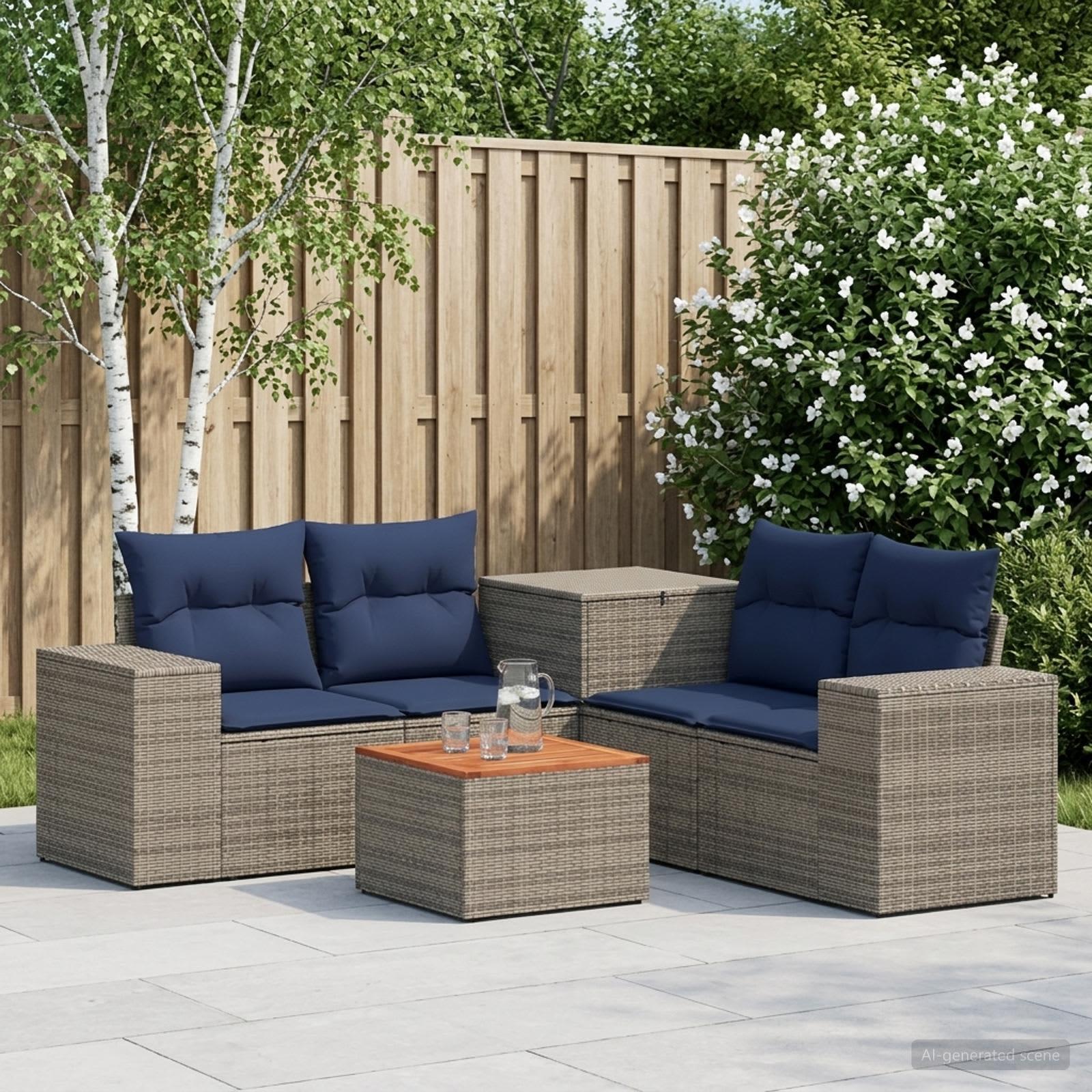 Sofa sæt 6 stk. til have og terrasse i grå og marineblå poly rattan