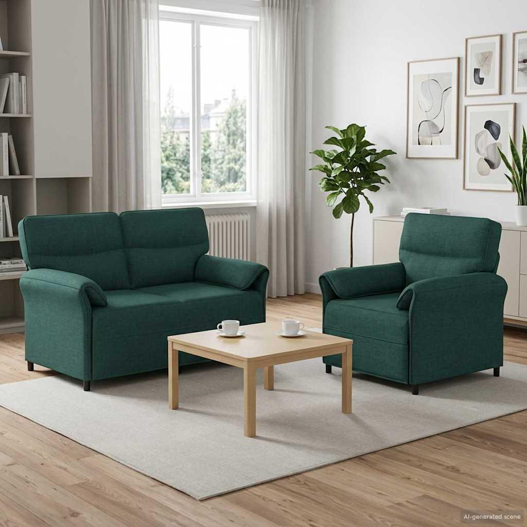 Sofa sæt 2 stk. i mørkegrøn stof med 1-persons og 2-personers sofa