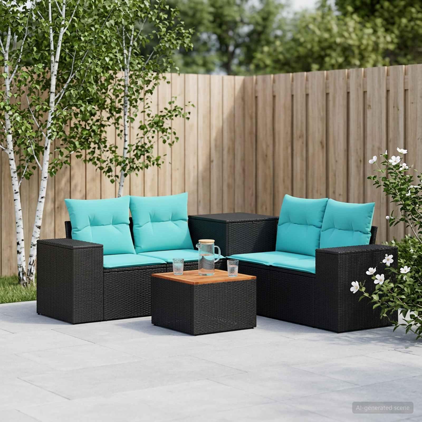 Sofa sæt 6 stk. til have og terrasse i sort/blå poly rattan og stål