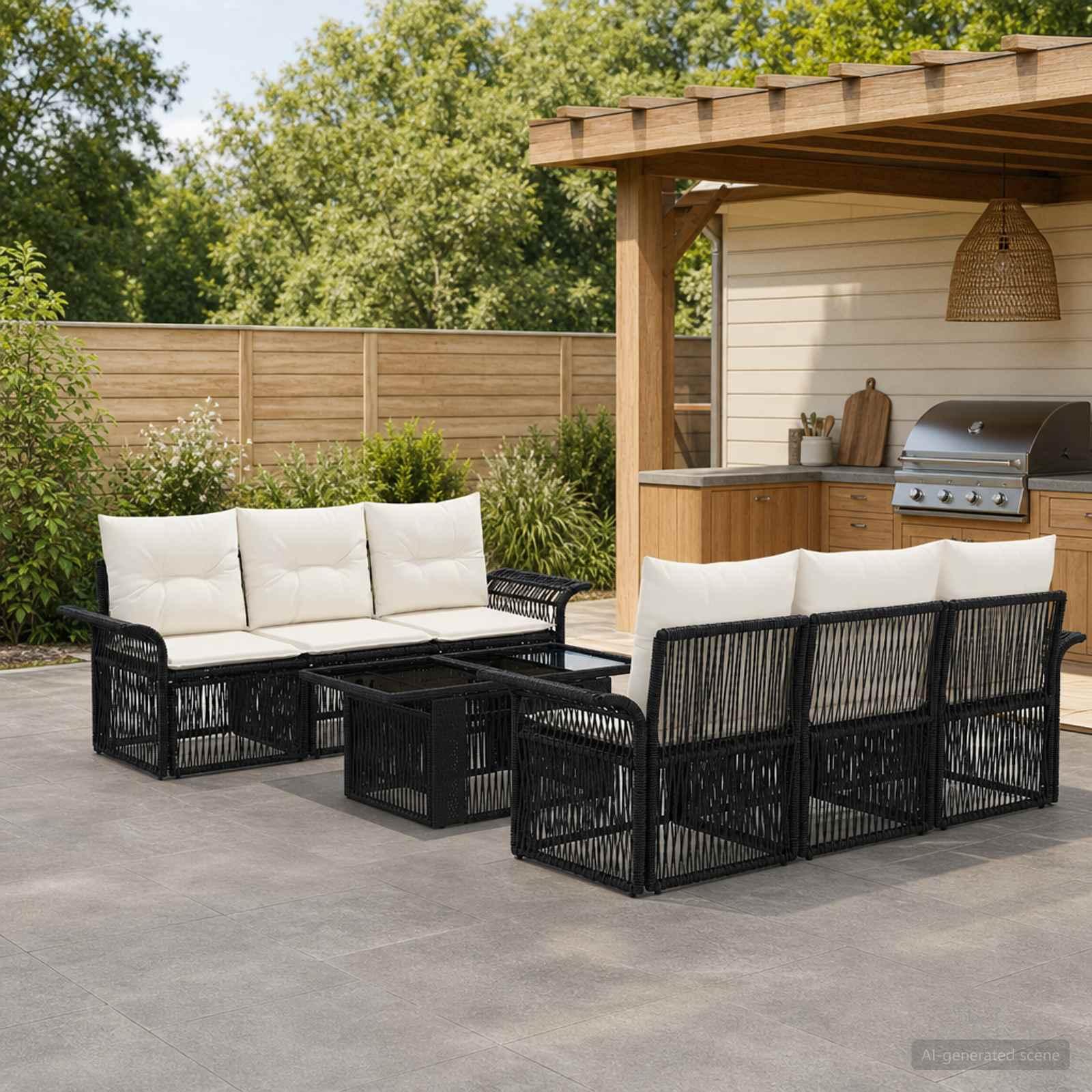vidaXL Havesofa Sæt 7 stk. Sort og Cremehvid polyrattan