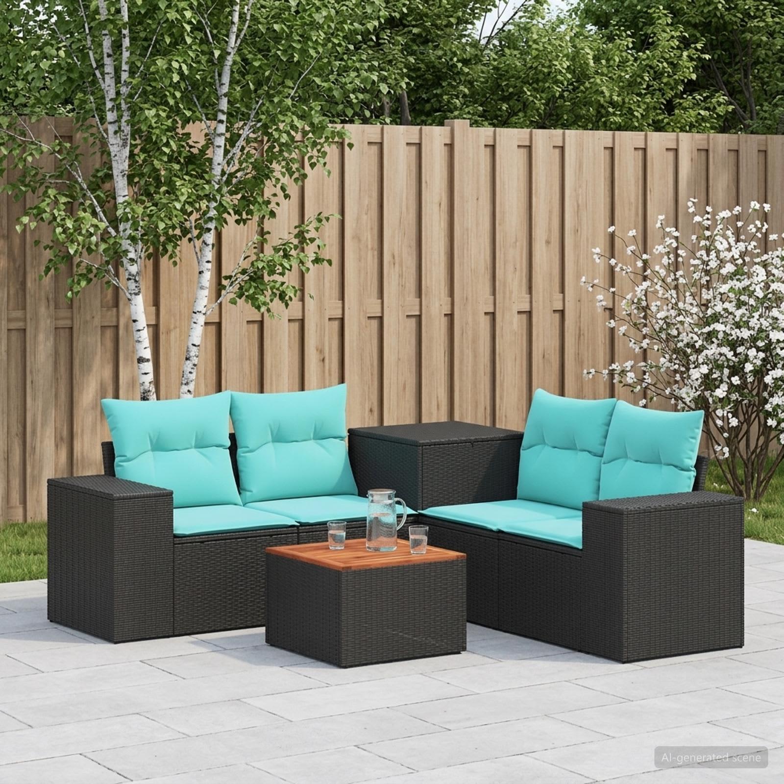 vidaXL Sofa Sæt 6 stk. Sort og Blå Poly Rattan og Stål