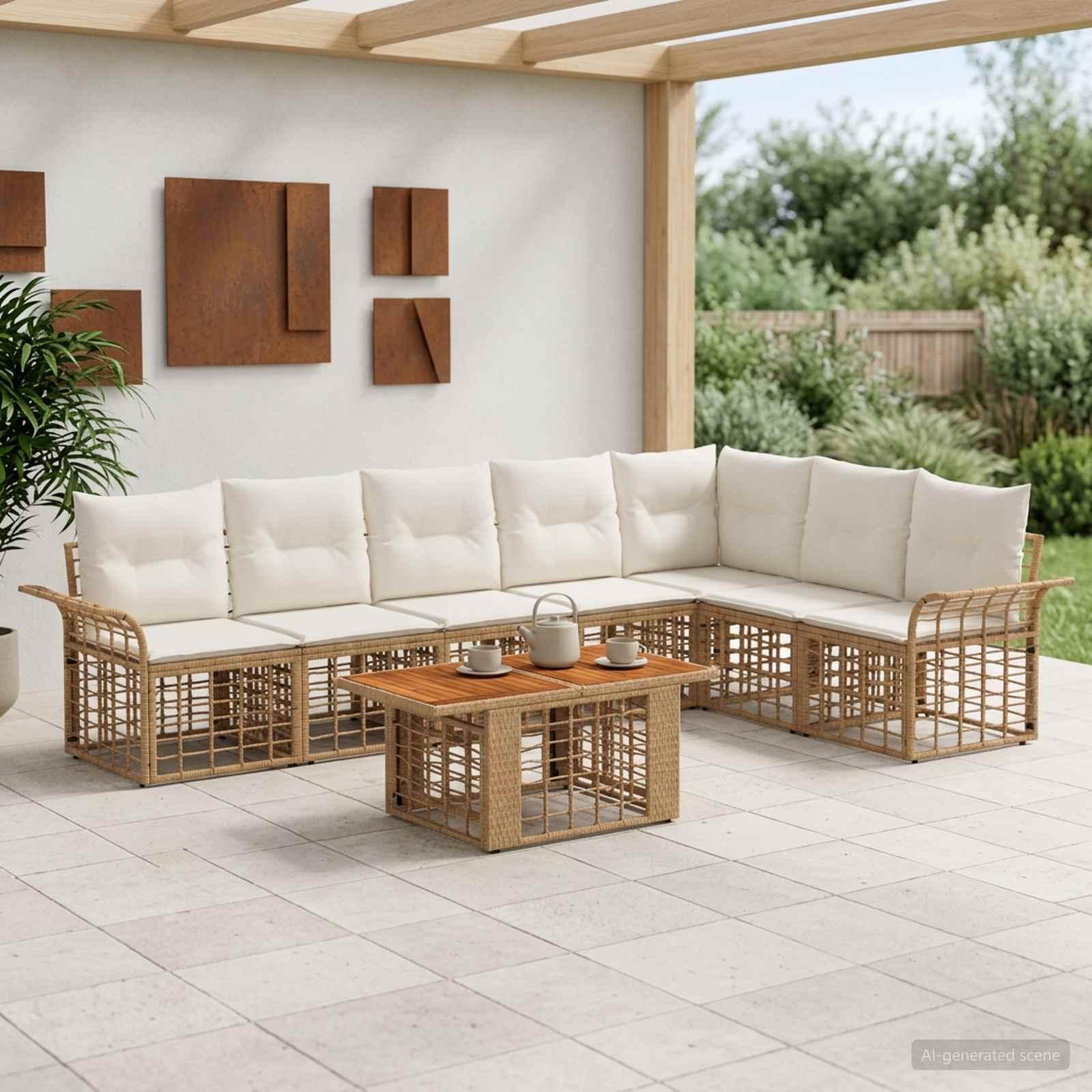Havesofa sæt 8 stk. i polyrattan med bord - naturlig og cremehvid
