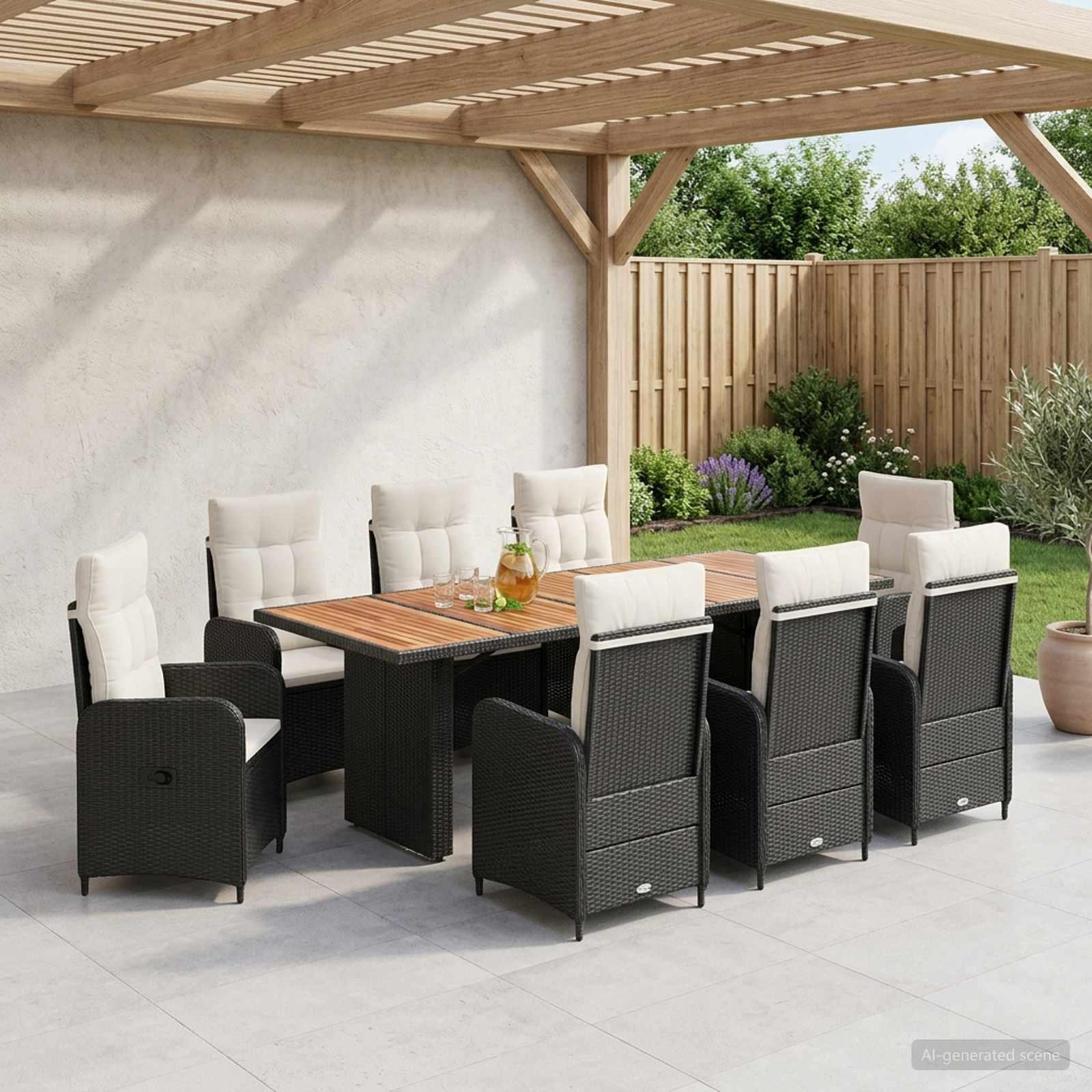 Udendørs spisegruppe 9 dele i polyrattan med akaciebord - sort og cremehvid