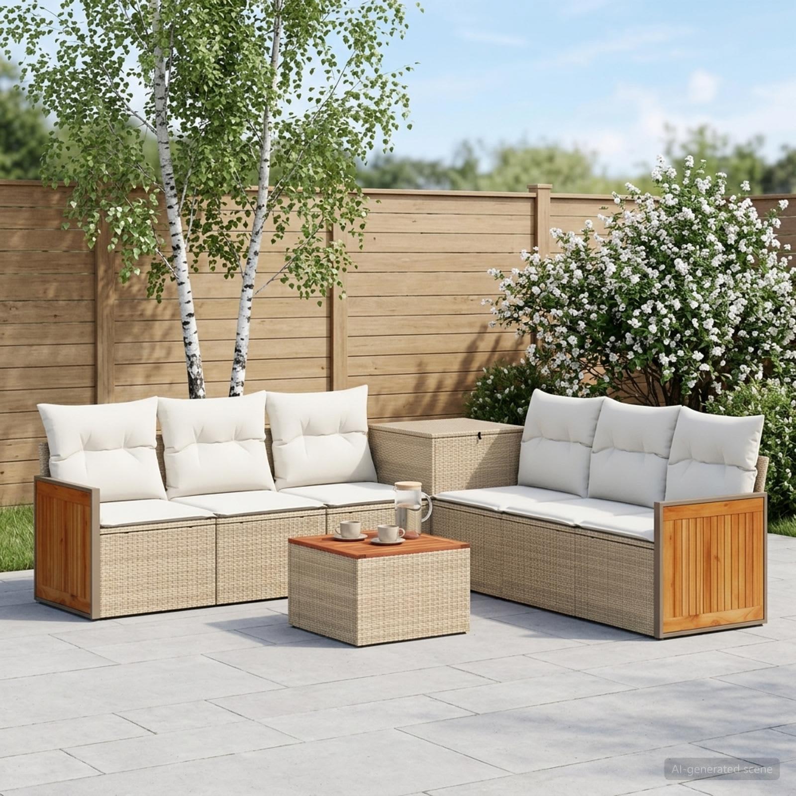 Sofa sæt 8 stk. til have beige og cremehvid i poly rattan og stål
