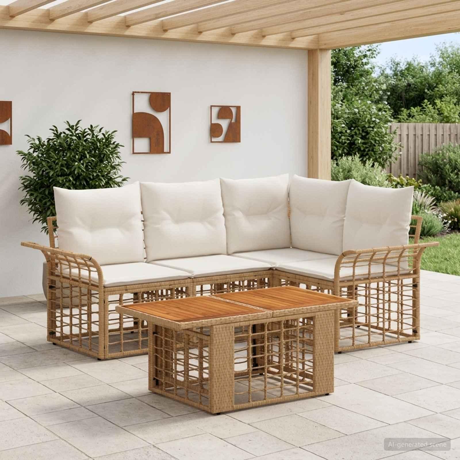 Havesofa sæt 5 stk. i polyrattan - naturlig og creme hvid