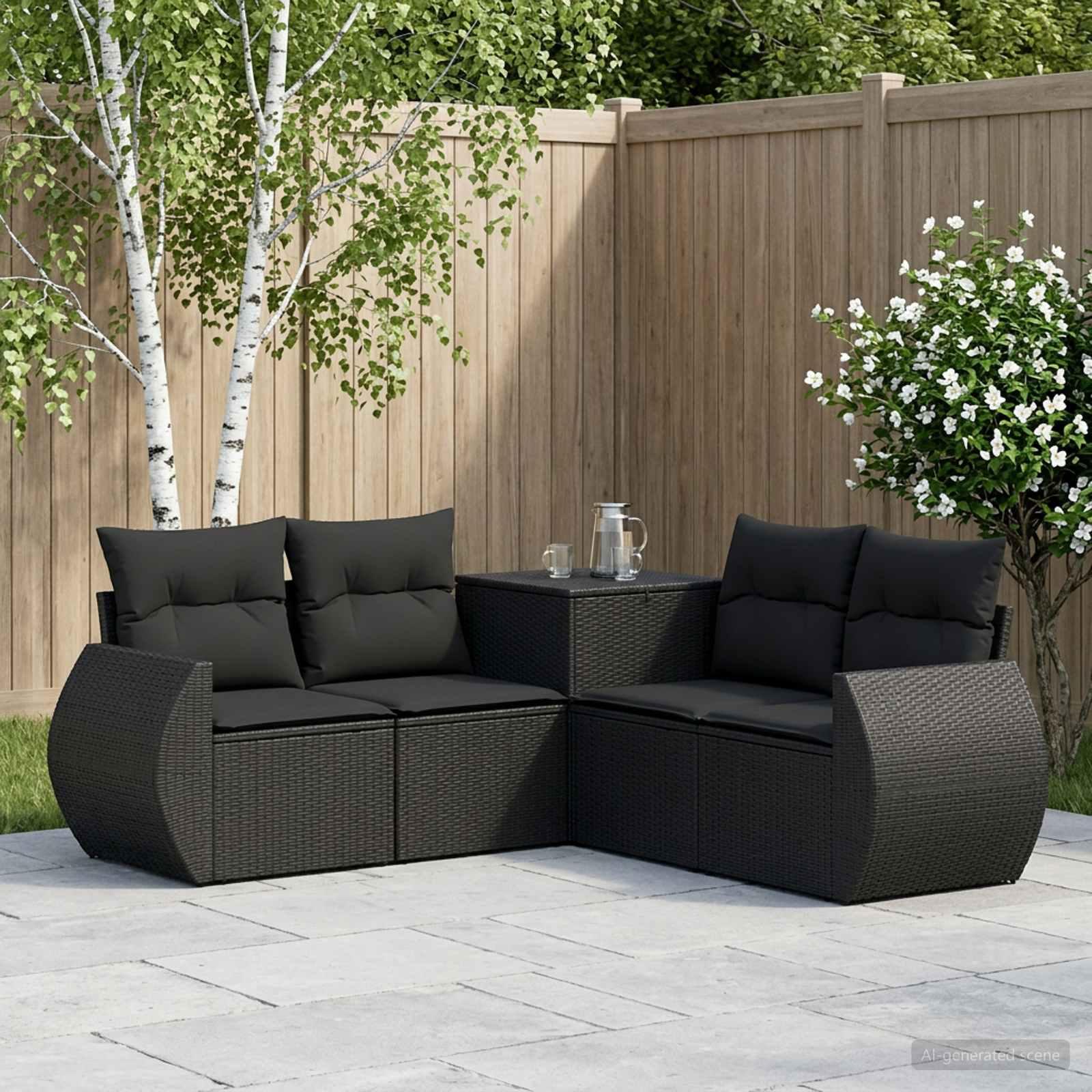 Sofa sæt 5 stk. i sort poly rattan og stål til have og terrasse