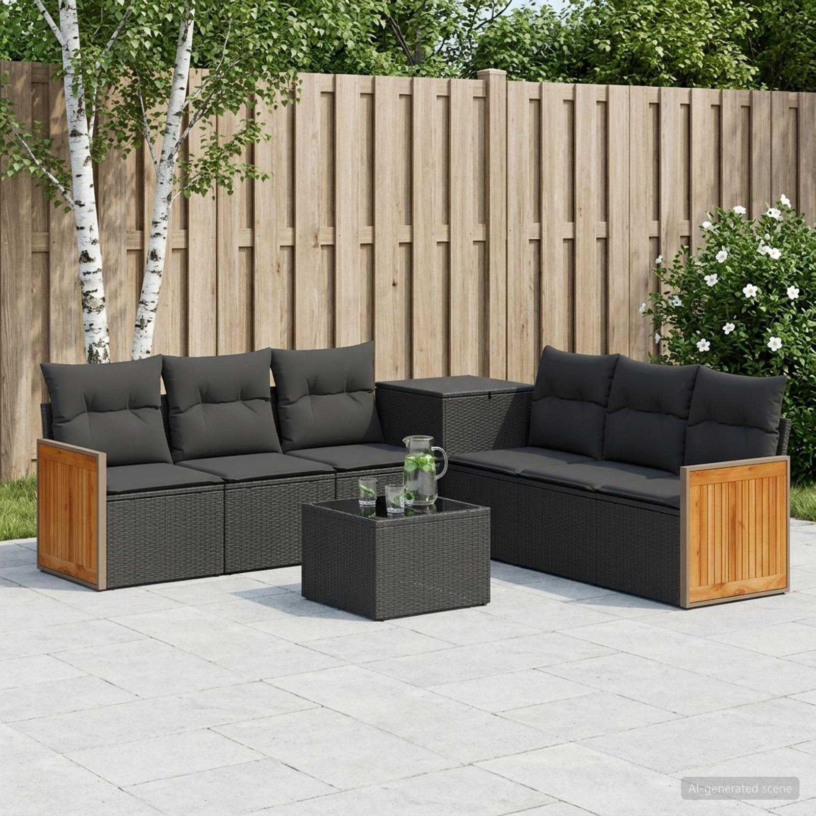Sofa sæt 8 stk. i sort poly rattan og stål til have og terrasse