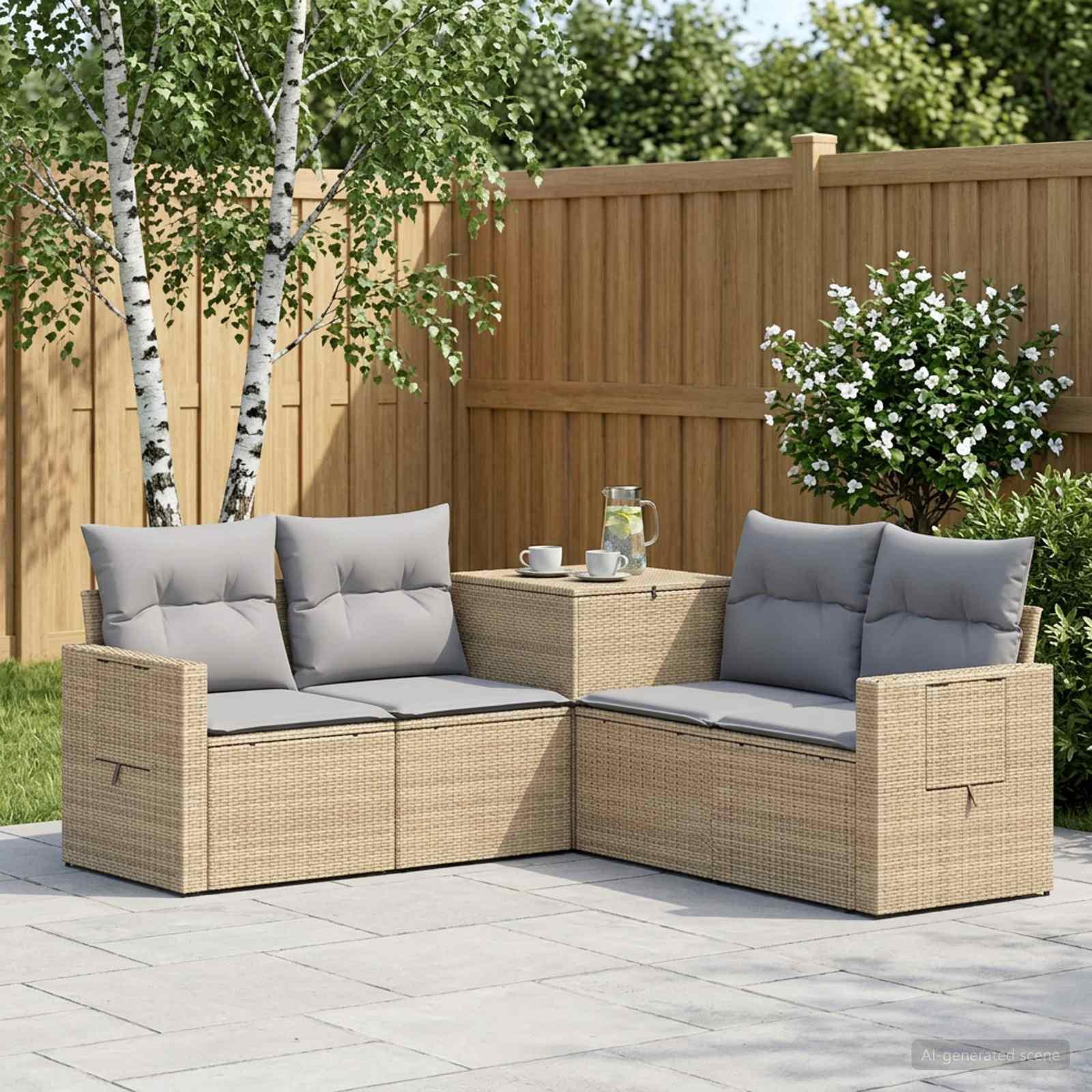 Havesofa sæt 5 stk. i beige og lys grå poly rattan og stål