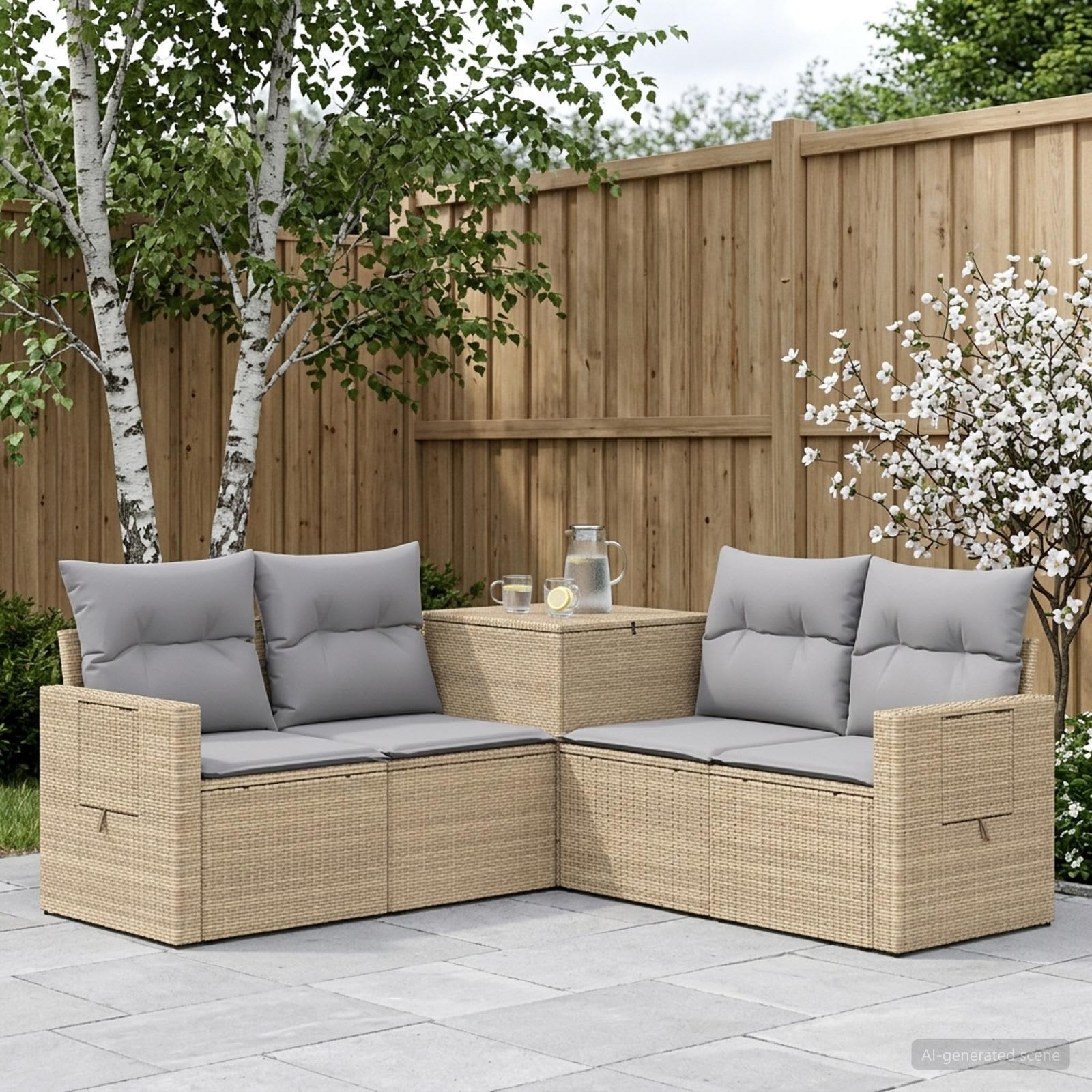 Have loungesæt 5 stk. i poly rattan og stål - beige og lys grå