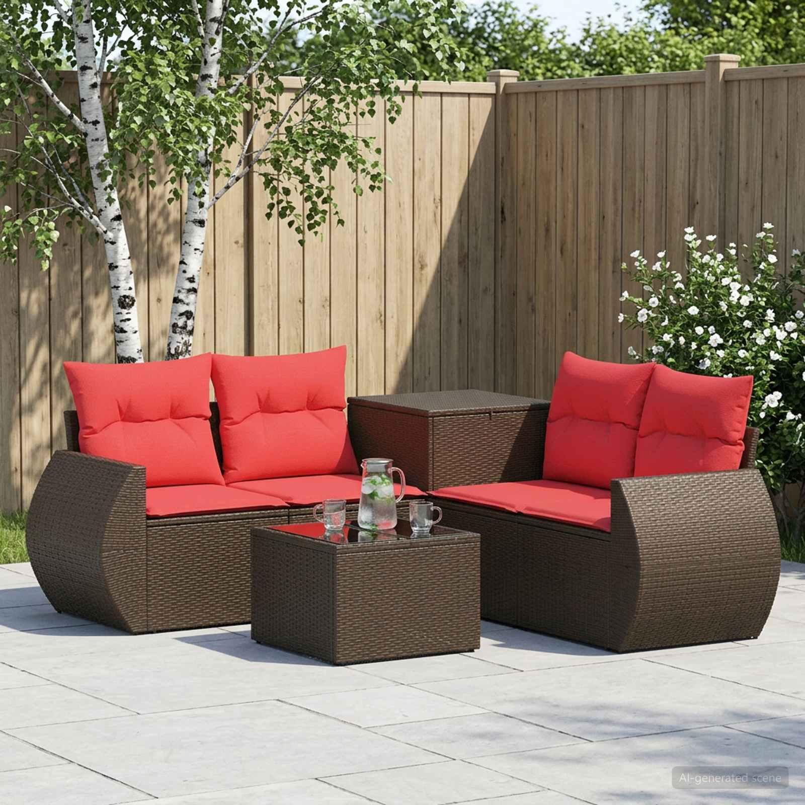 Sofa sæt 6 stk. i brun og rød polyrattan og stål
