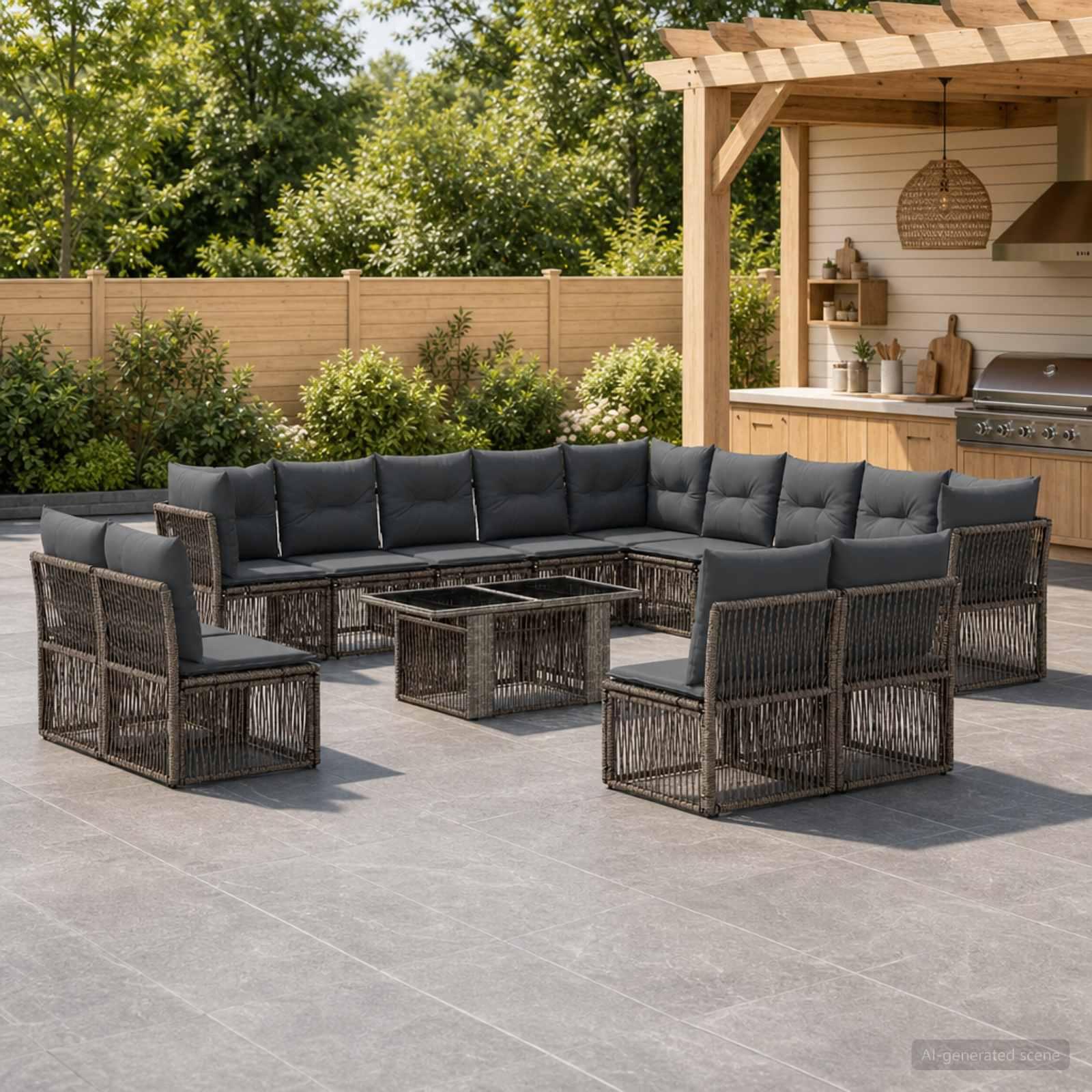 Havesofa sæt 14 stk. i sort polyrattan med bord