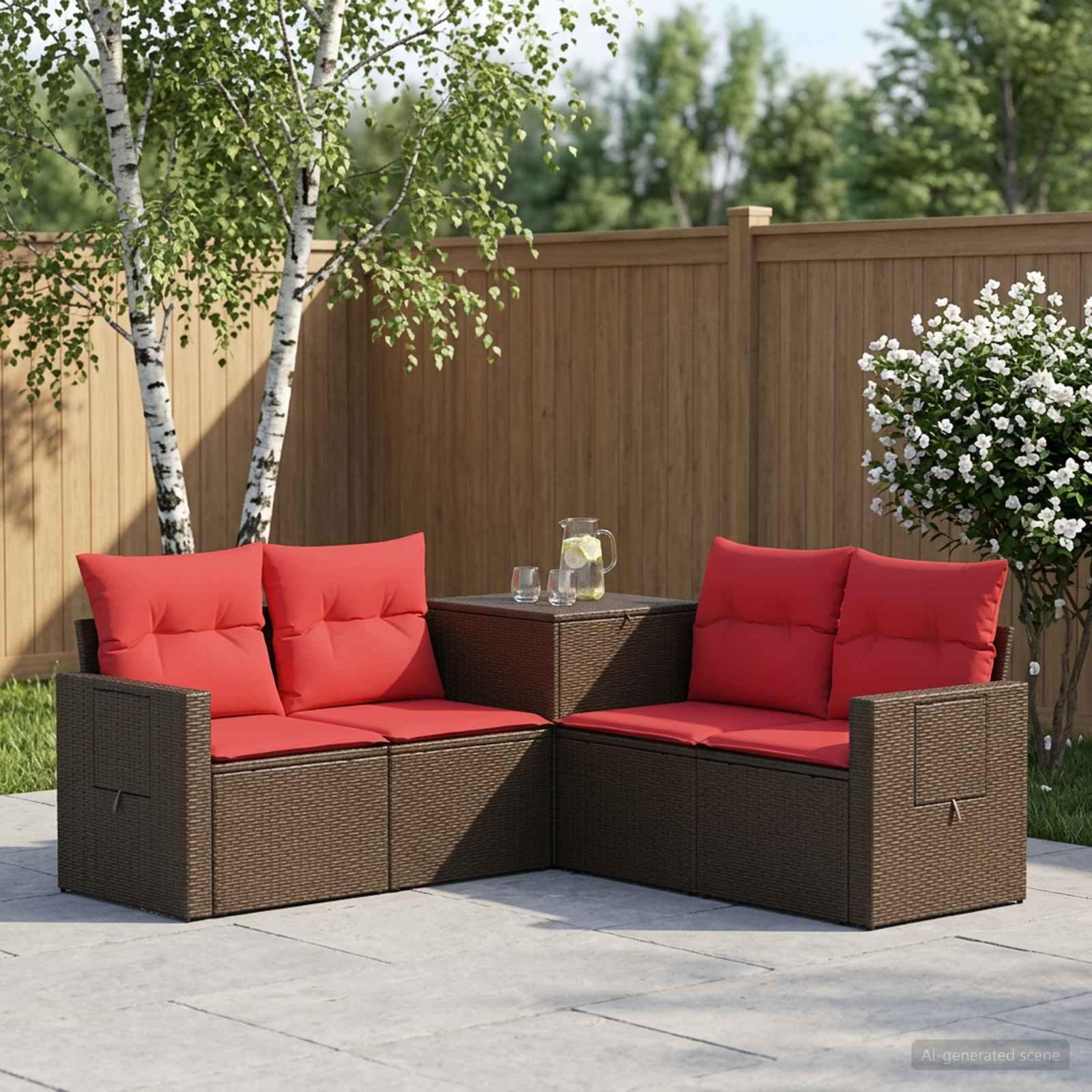 Have loungesæt 5 dele i poly rattan og stål - brun/rød