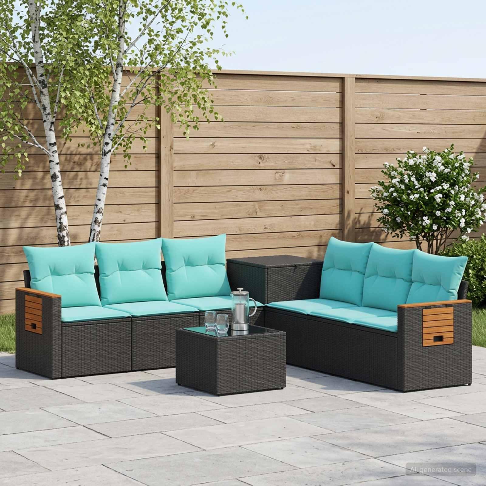 Sofa sæt 8 stk. til have og terrasse i sort og blå poly rattan og stål