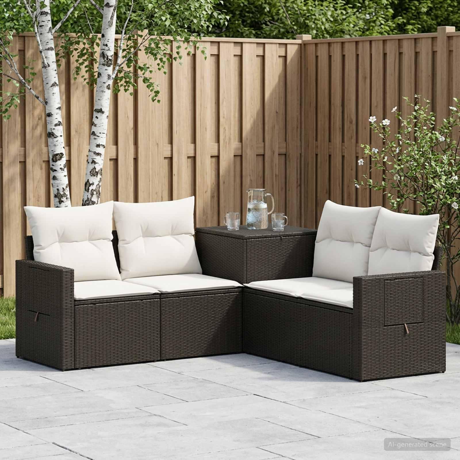 Sofa sæt 5 stk. i sort og cremehvid poly rattan og stål