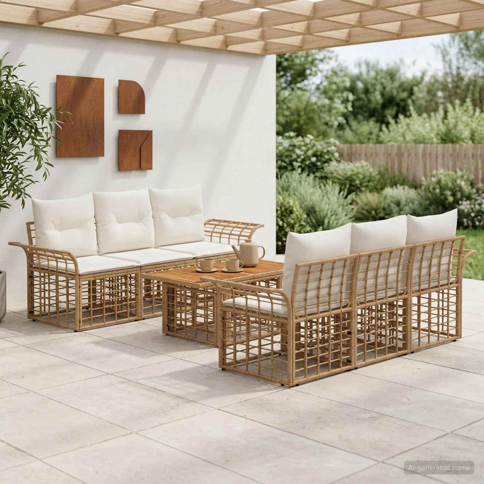 Havesofa sæt 7 stk. i polyrattan med bord - naturlig og cremehvid