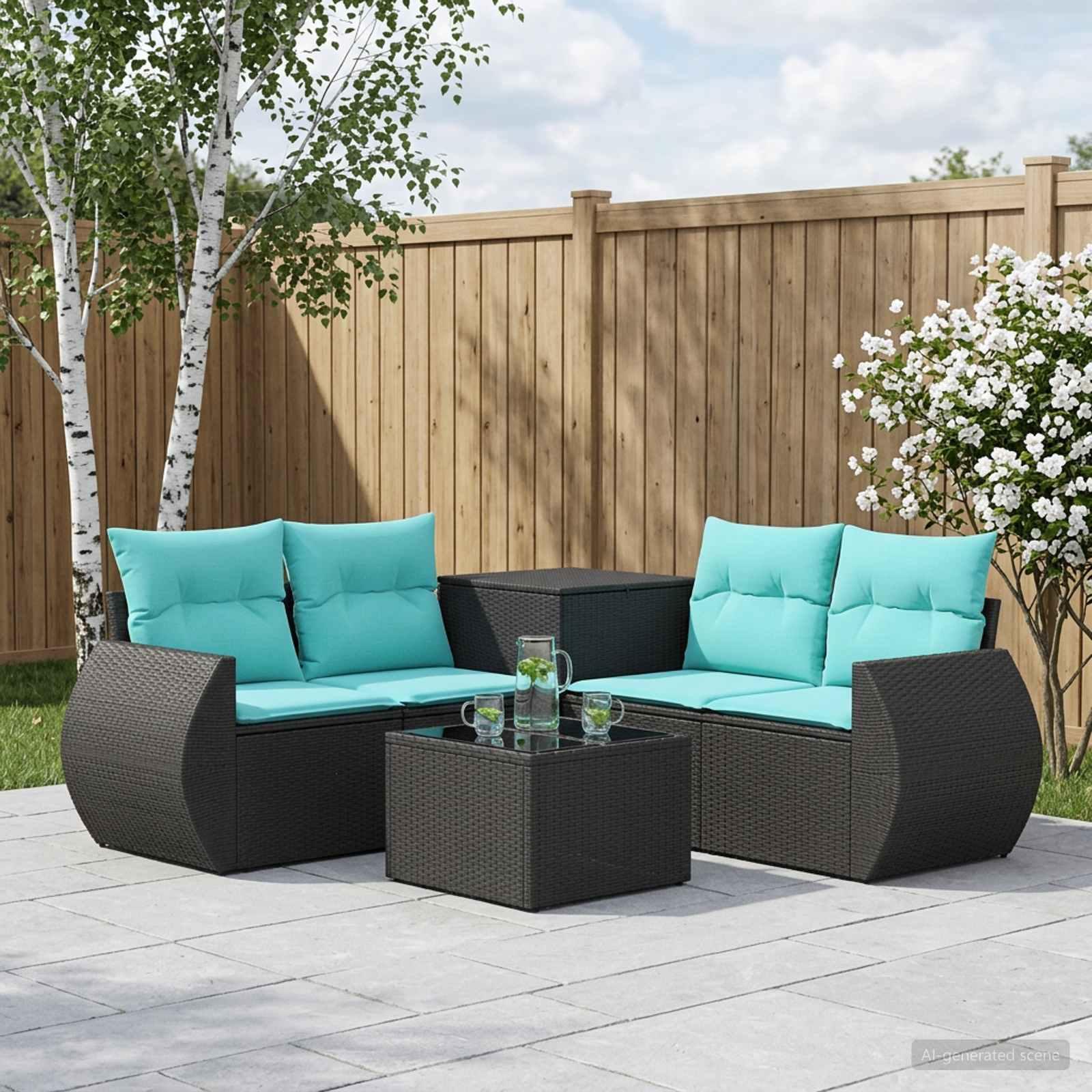 Sofa sæt 6 stk. i sort og blå polyrattan og stål