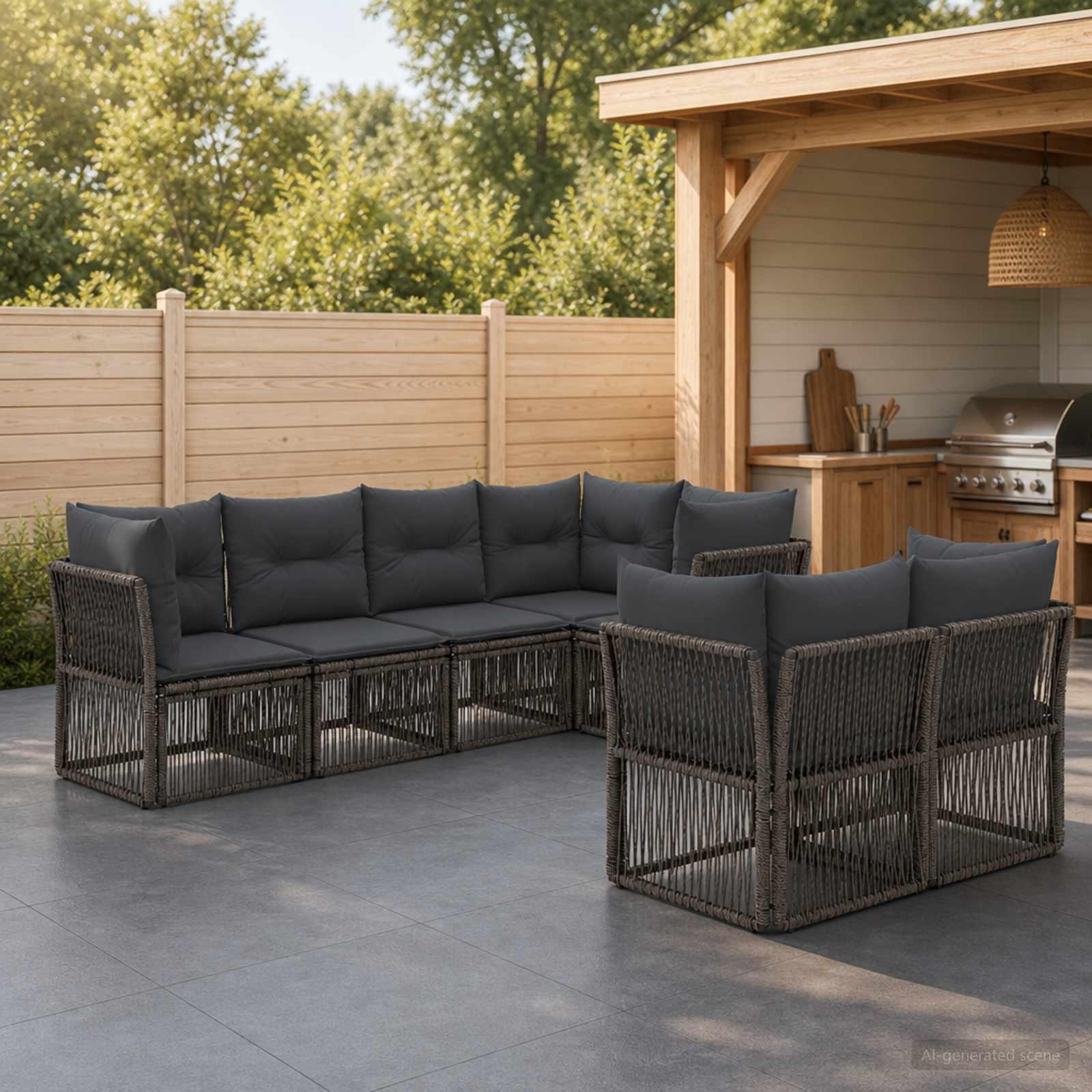 Havesofa sæt 7 dele med 7 siddepladser i grå polyrattan